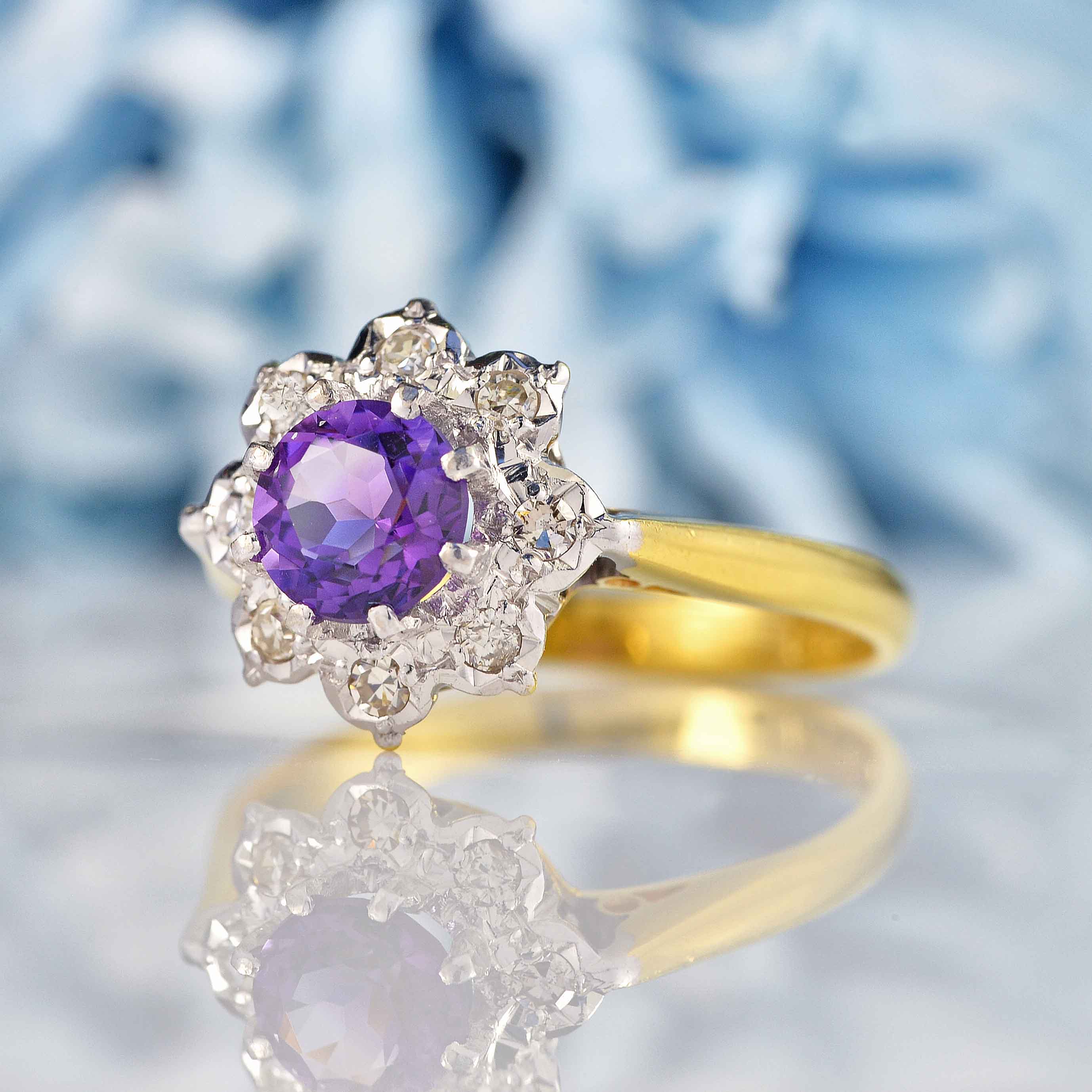 Ellibelle Jewellery Vintage 1975 Amethyst & Diamond 18ct Gold Flower Cluster Ring Draft