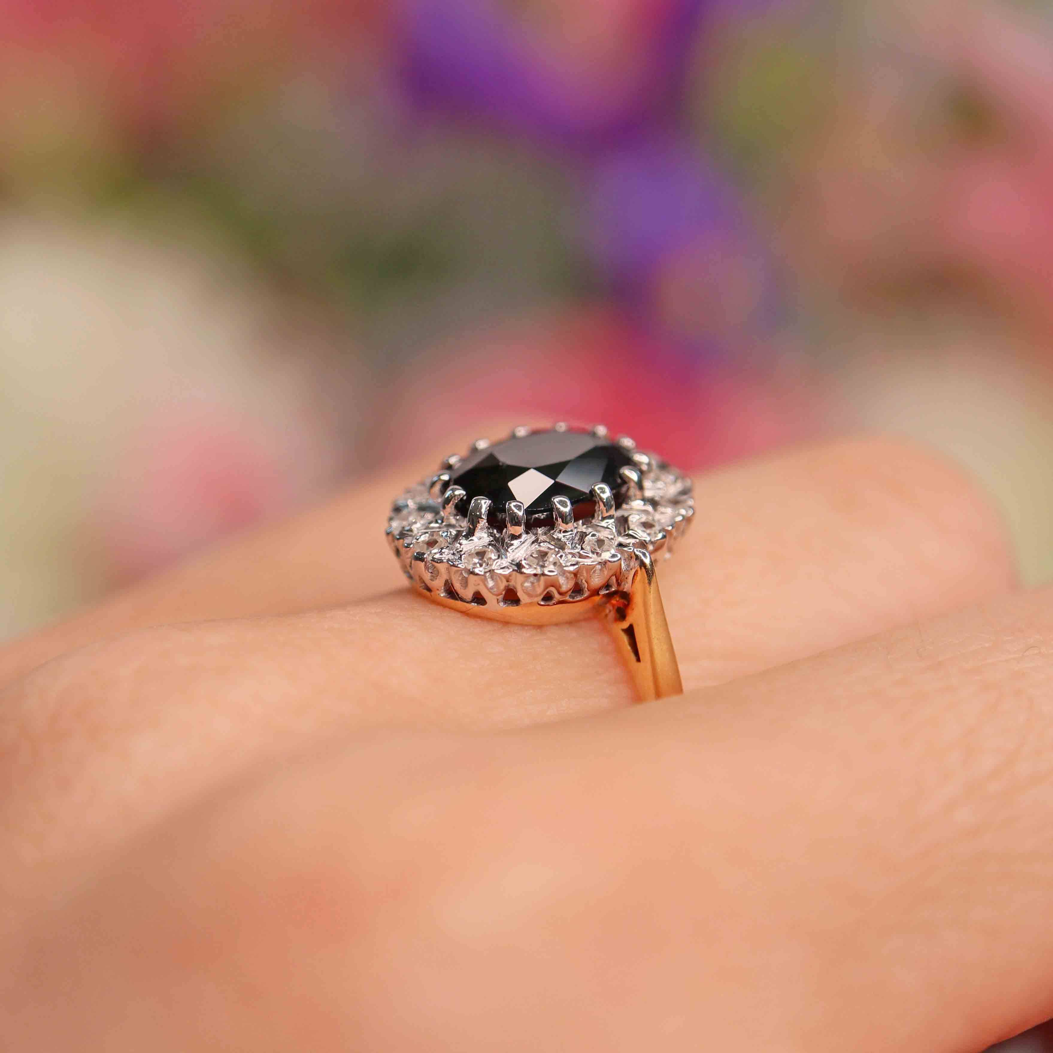 Ellibelle Jewellery Vintage 1975 Dark Sapphire & Diamond 18ct Gold Cluster Ring