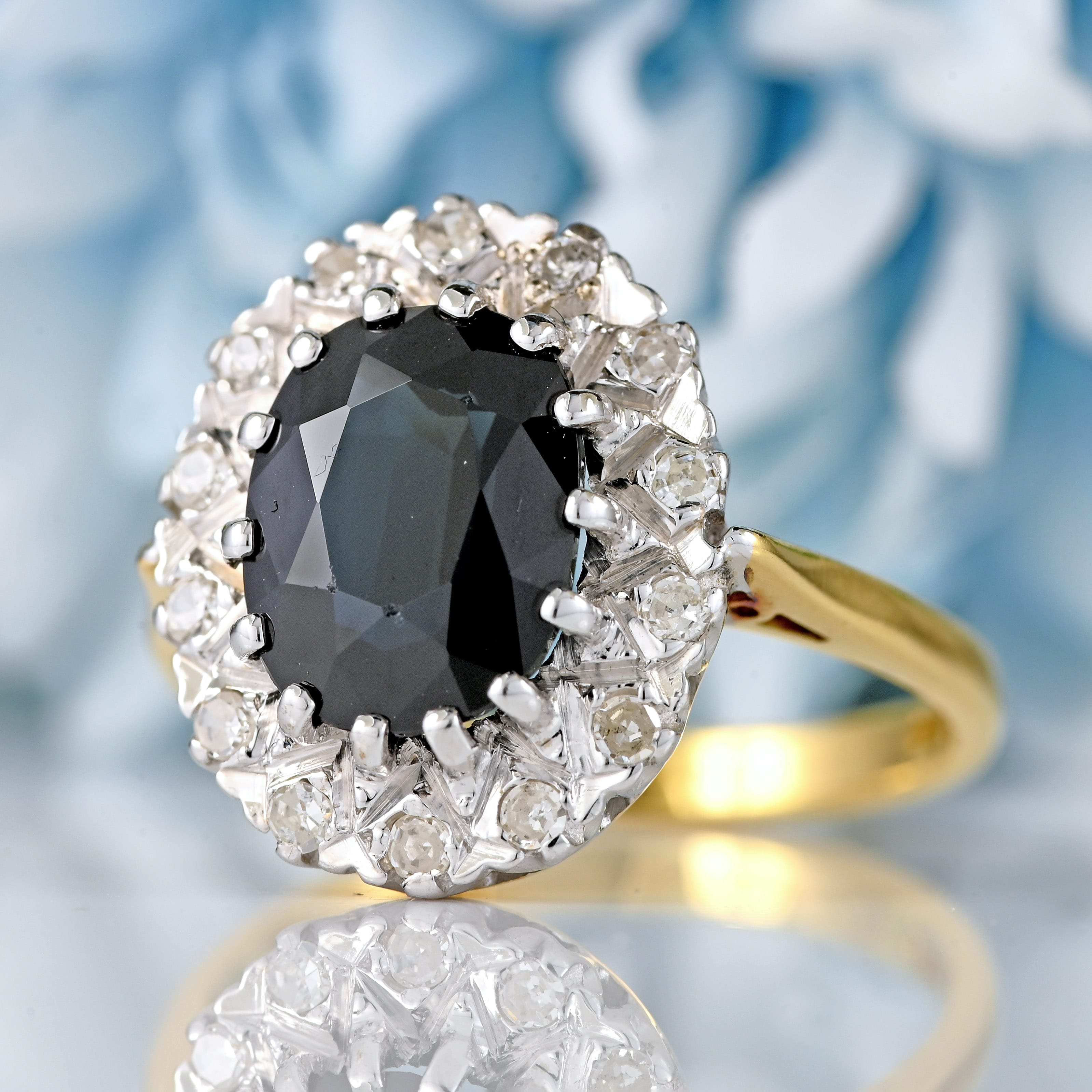 Ellibelle Jewellery Vintage 1975 Dark Sapphire & Diamond 18ct Gold Cluster Ring