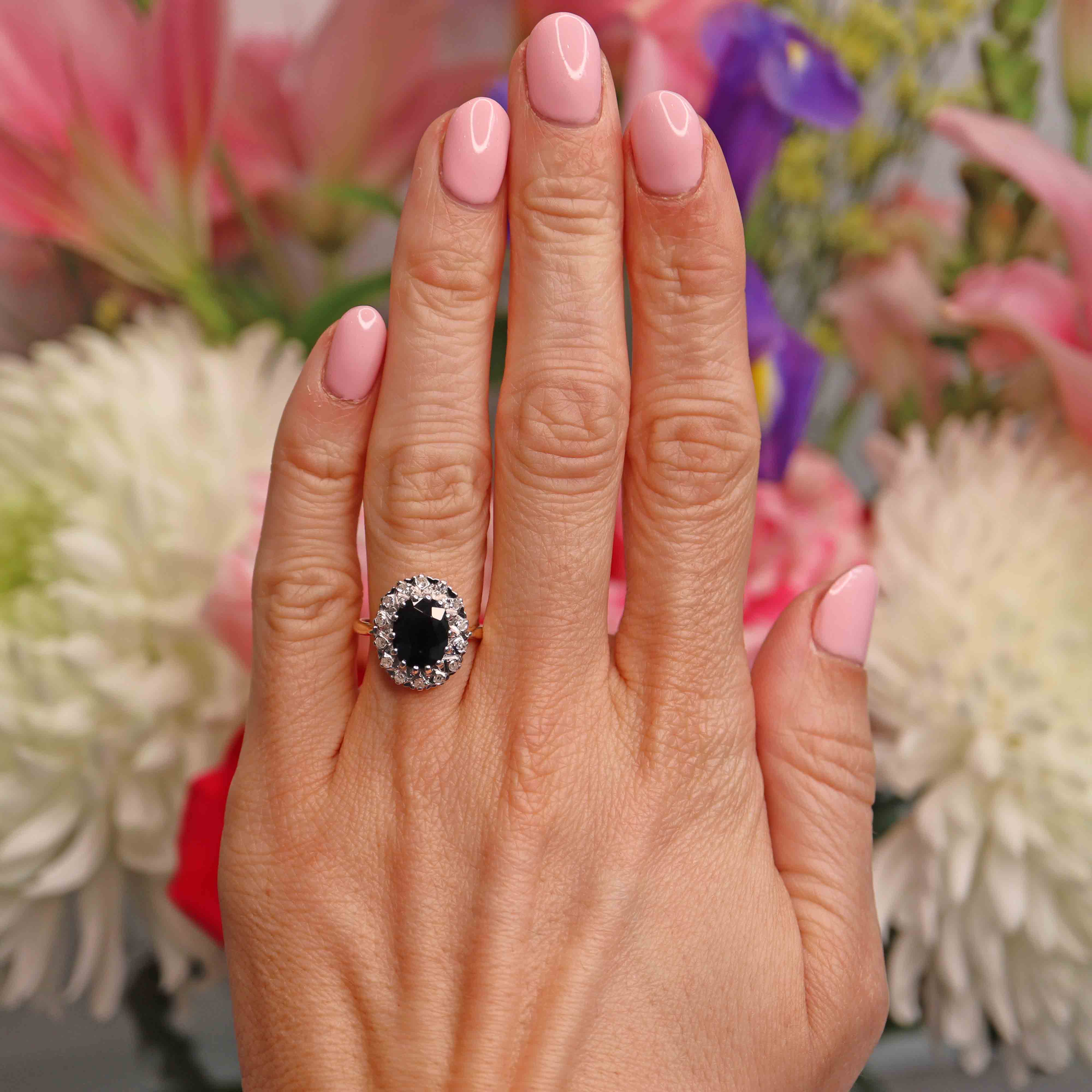 Ellibelle Jewellery Vintage 1975 Dark Sapphire & Diamond 18ct Gold Cluster Ring