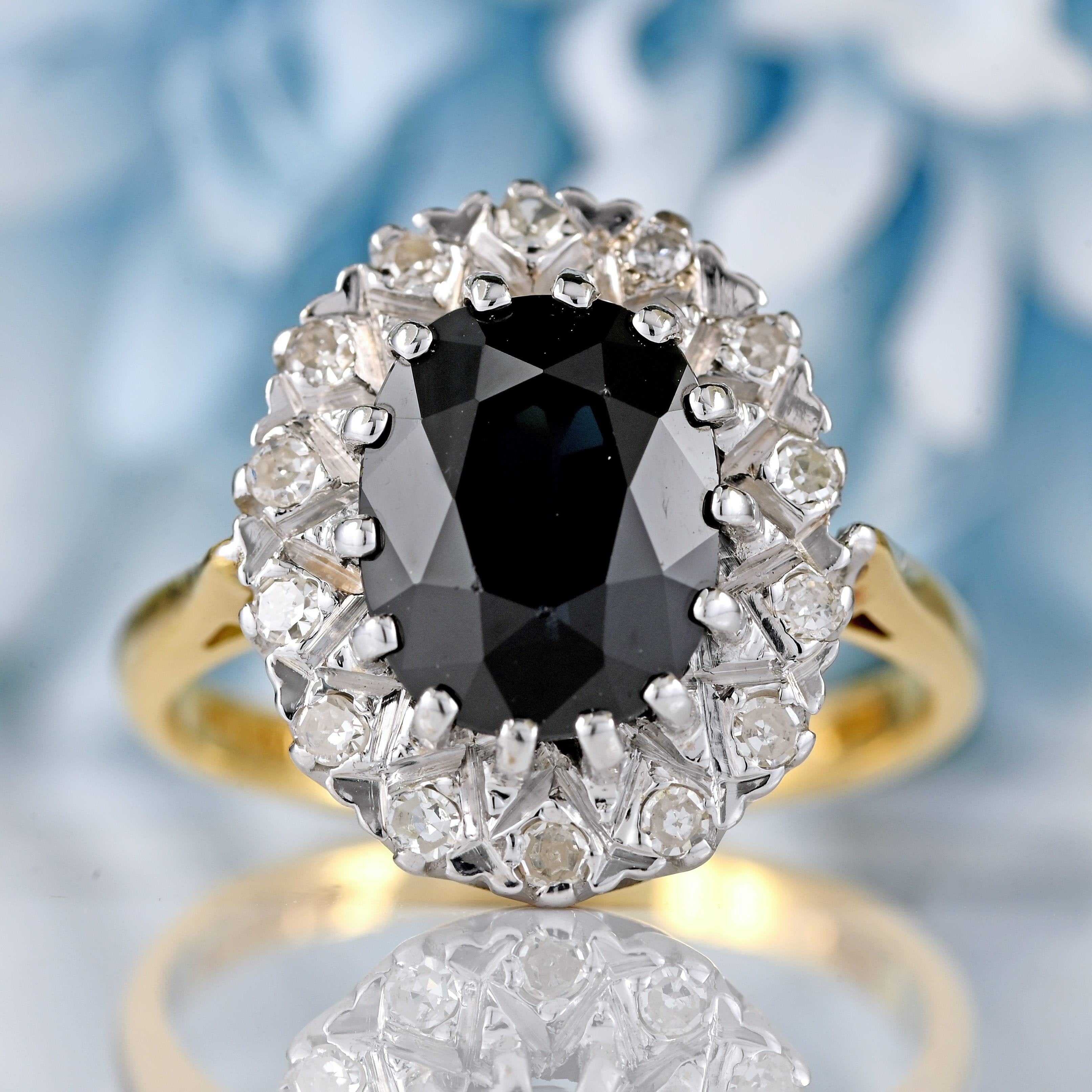 Ellibelle Jewellery Vintage 1975 Dark Sapphire & Diamond 18ct Gold Cluster Ring