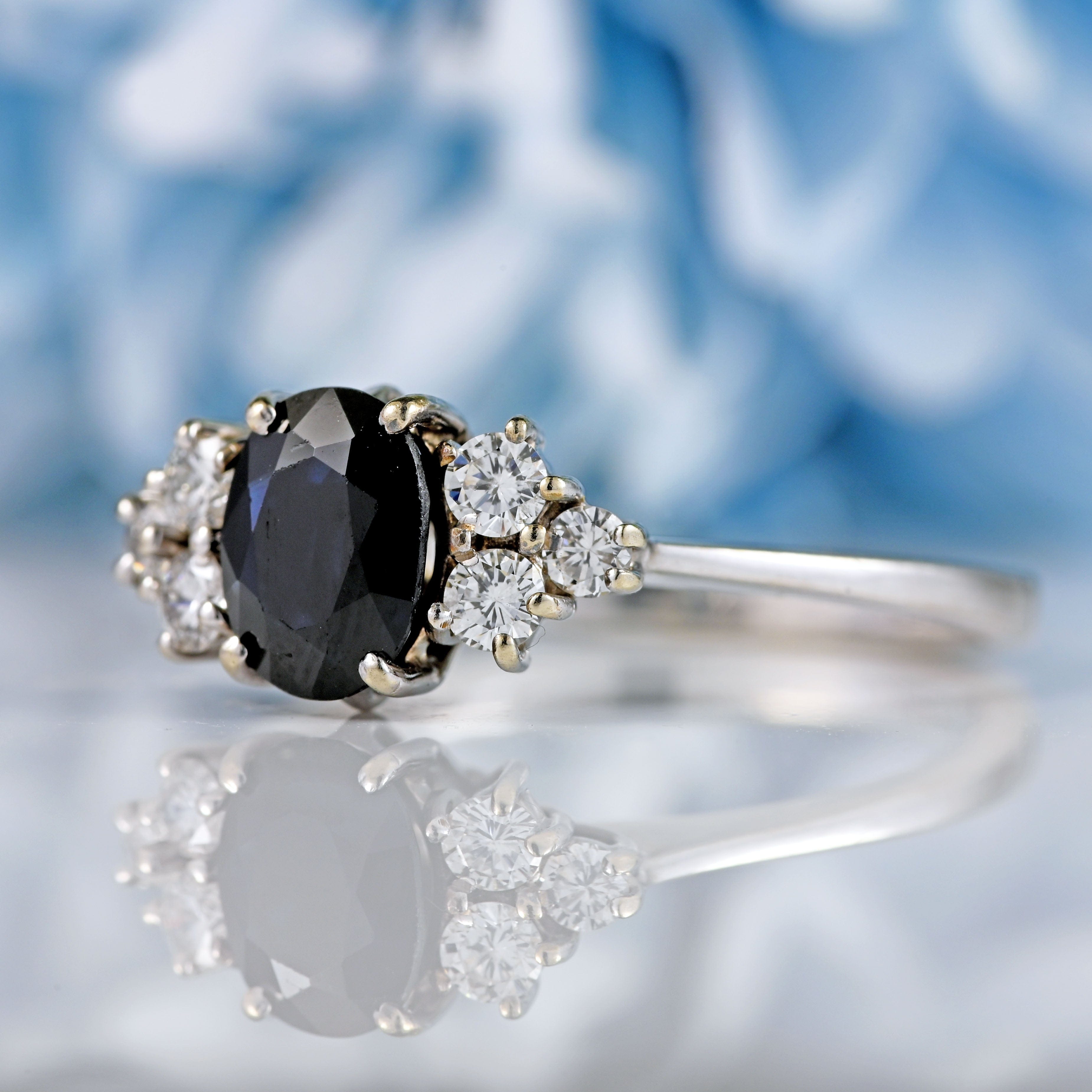 Ellibelle Jewellery Vintage 1975 Dark Sapphire & Diamond 18ct White Gold Ring