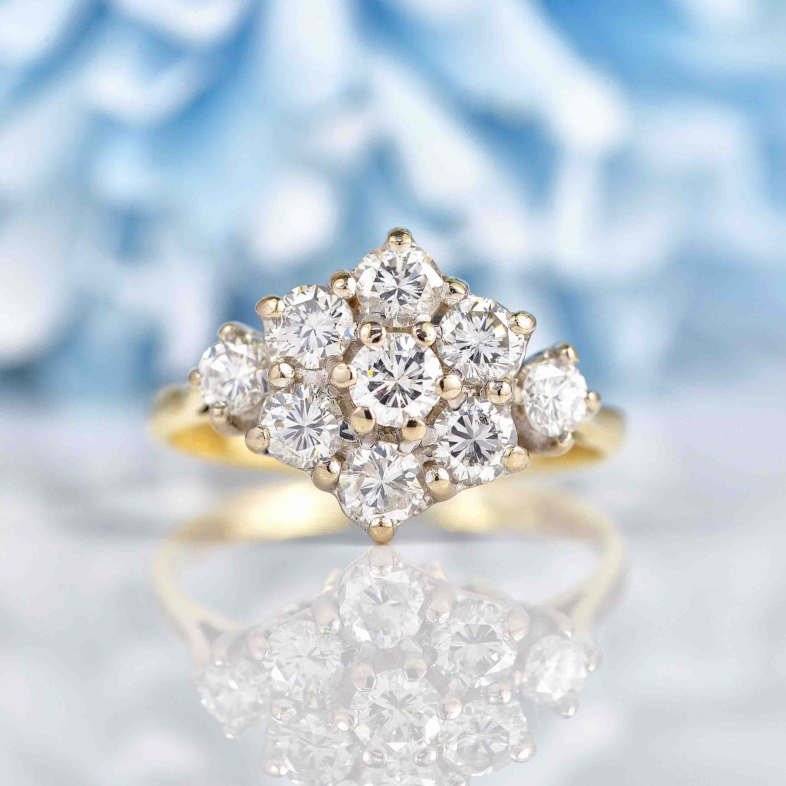 Ellibelle Jewellery Vintage 1975 Diamond 18ct Gold Daisy Cluster Ring (1.35cts)