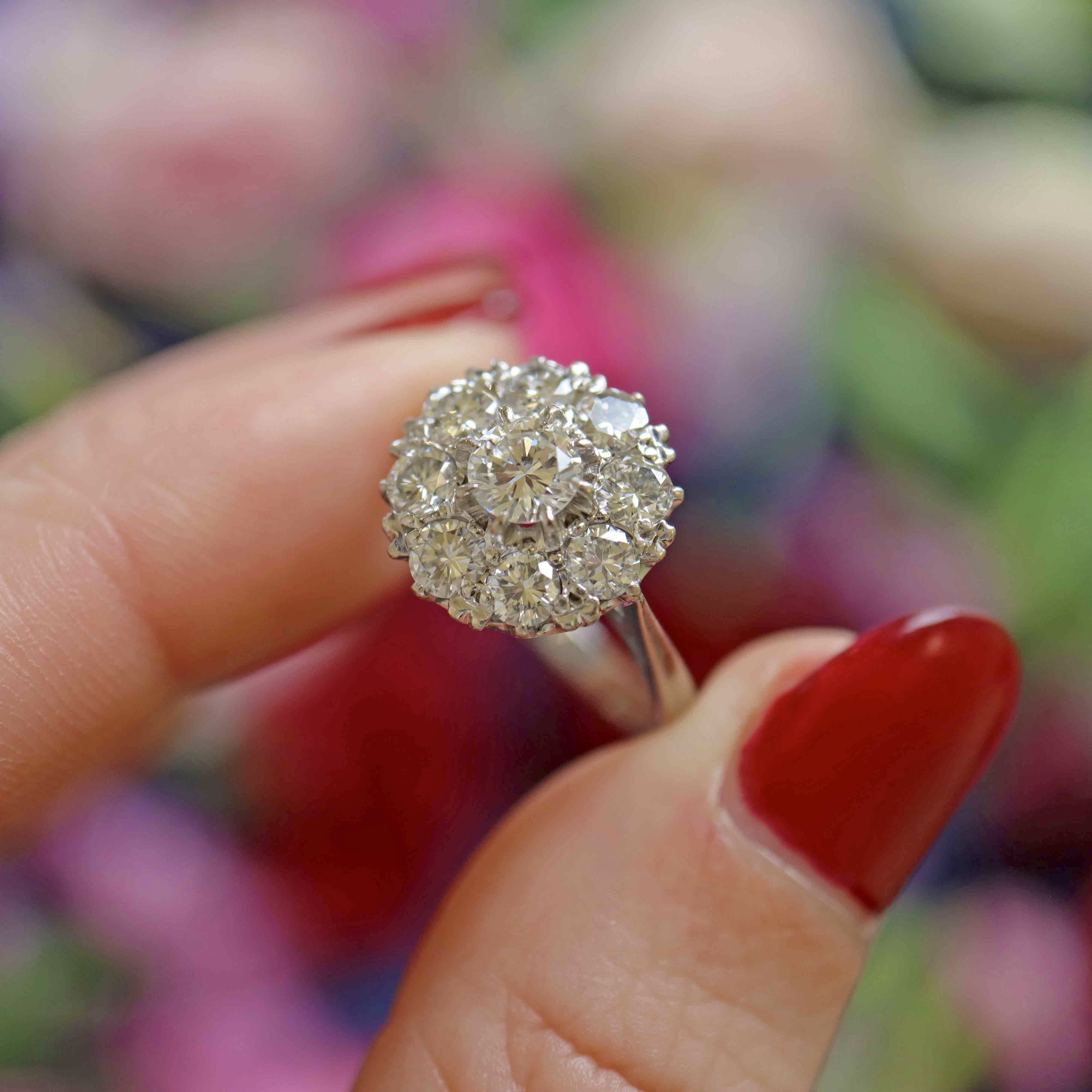 Ellibelle Jewellery Vintage 1975 Diamond 18ct White Gold Cluster Engagement Ring (1.36cts)