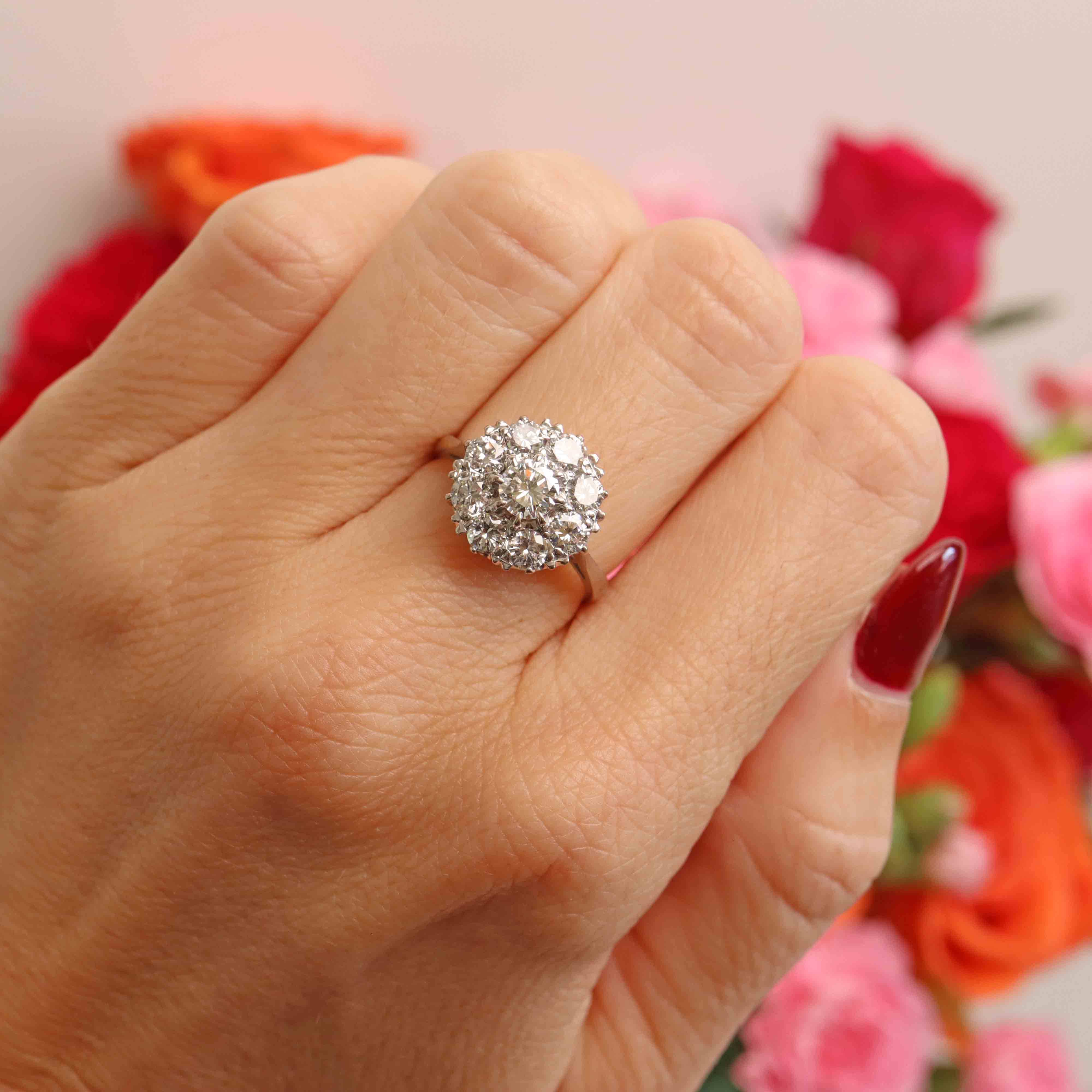 Ellibelle Jewellery Vintage 1975 Diamond 18ct White Gold Cluster Engagement Ring (1.36cts)