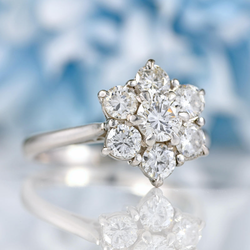 Ellibelle Jewellery Vintage 1975 Diamond 18ct White Gold Daisy Cluster Ring (1.65ct)