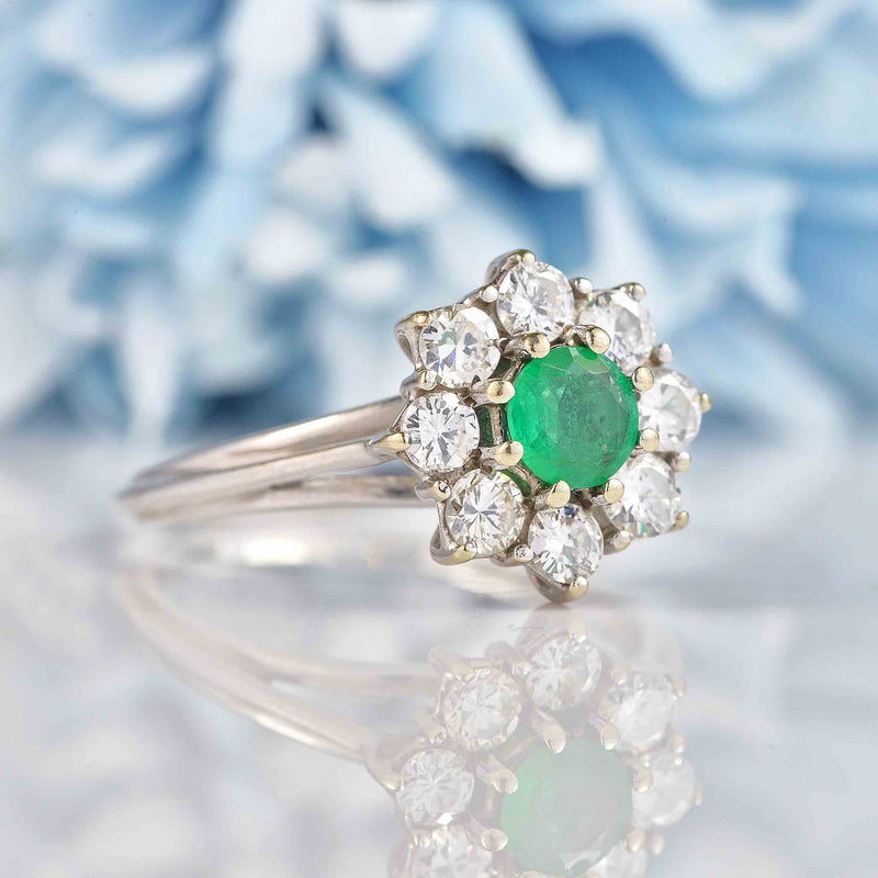 Ellibelle Jewellery Vintage 1975 Emerald & Diamond White Gold Cluster Ring