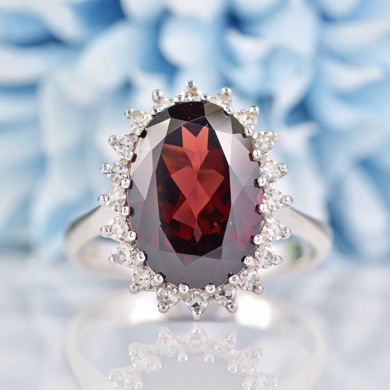 Ellibelle Jewellery Vintage 1975 Garnet & Diamond 18ct White Gold Cluster Ring