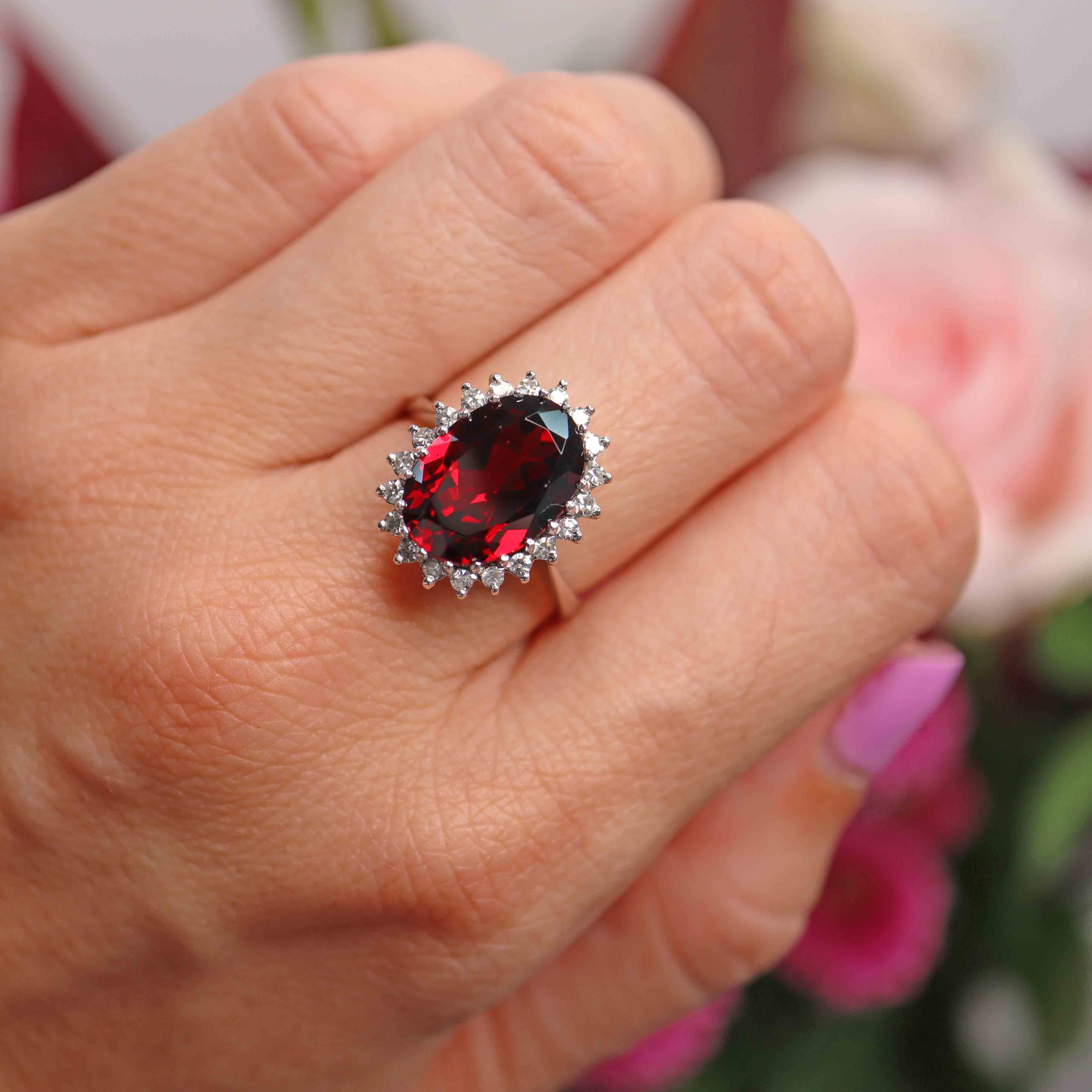 Ellibelle Jewellery Vintage 1975 Garnet & Diamond 18ct White Gold Cluster Ring