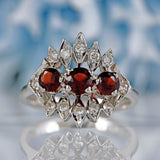 Ellibelle Jewellery Vintage 1975 Garnet & Diamond 18ct White Gold Statement Ring