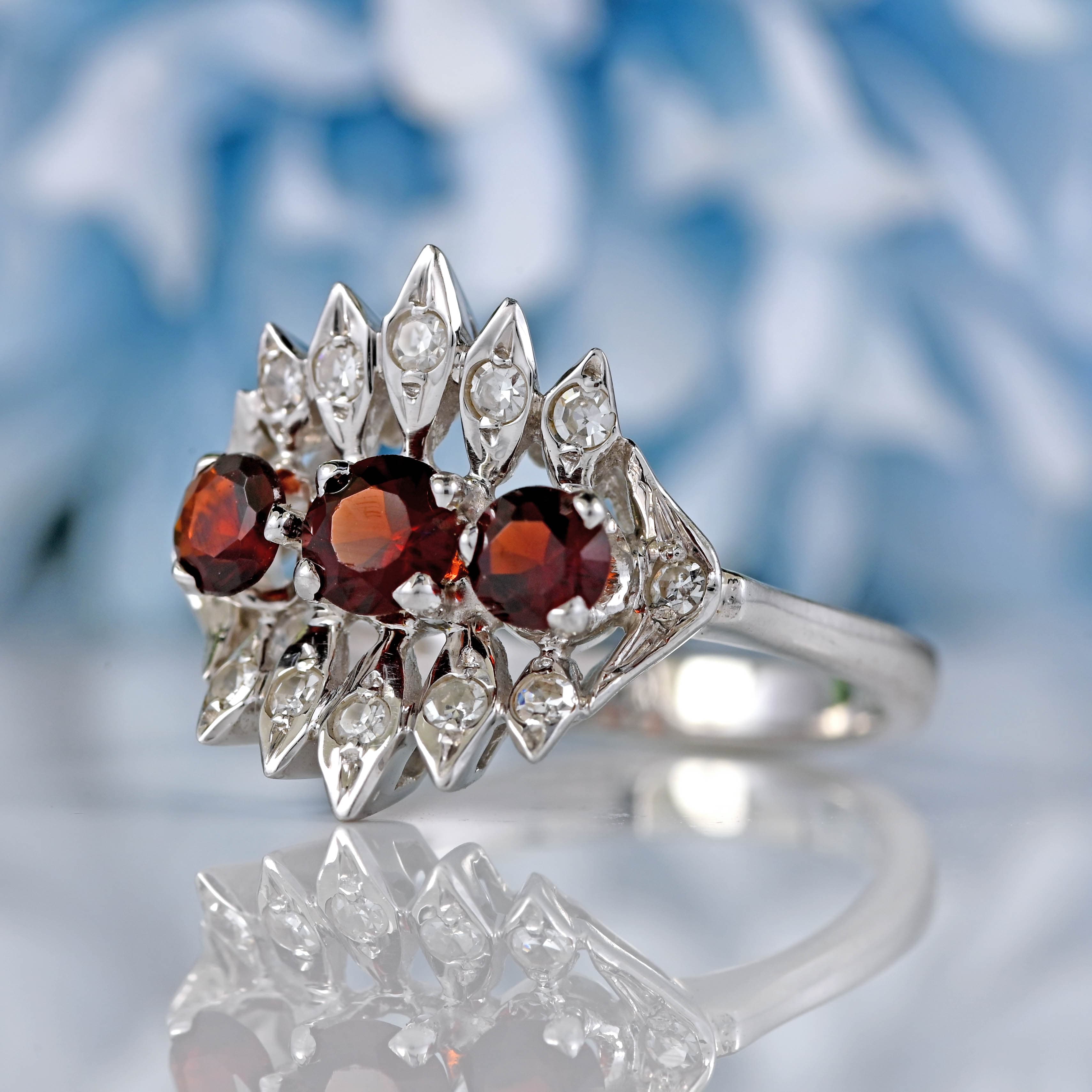 Ellibelle Jewellery Vintage 1975 Garnet & Diamond 18ct White Gold Statement Ring