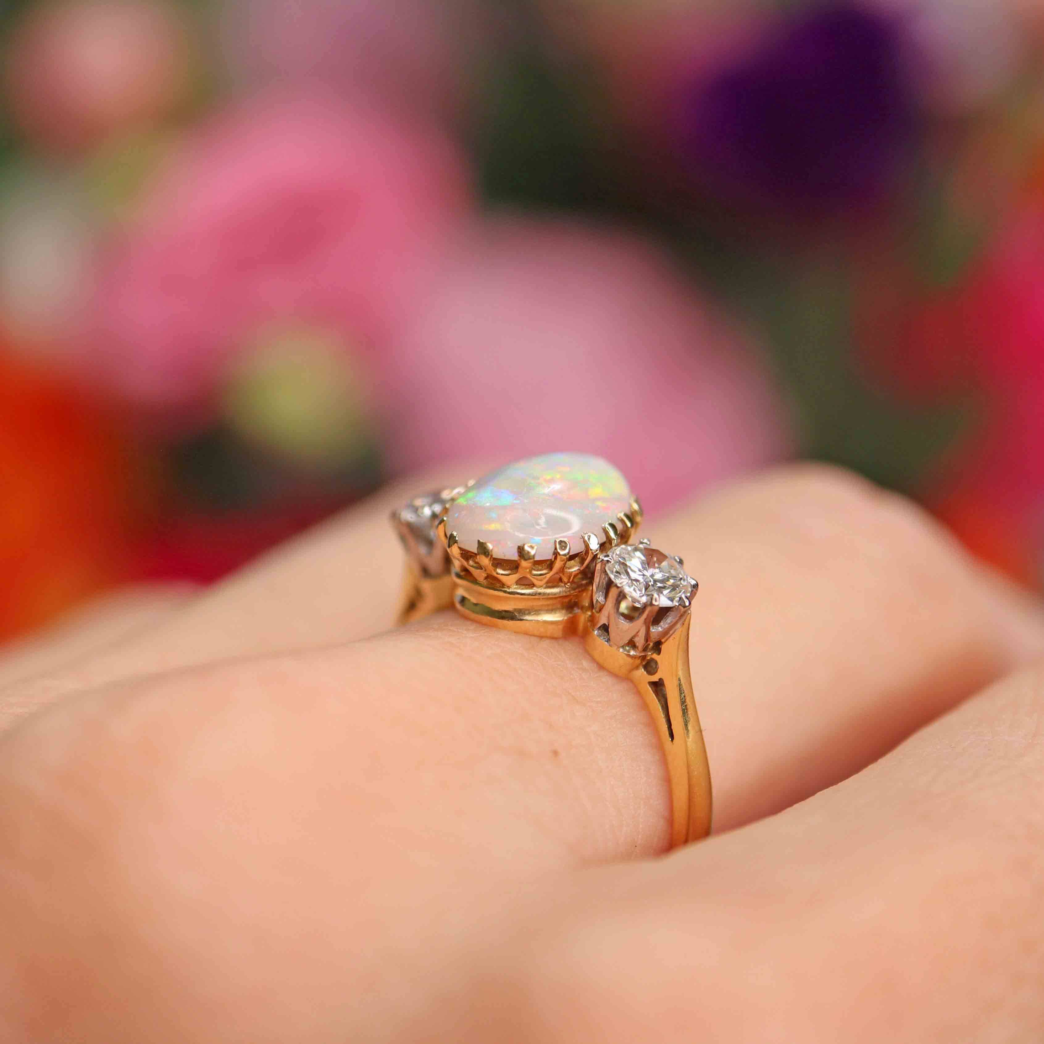 Ellibelle Jewellery Vintage 1975 Opal & Diamond 18ct Gold Three-Stone Engagement Ring