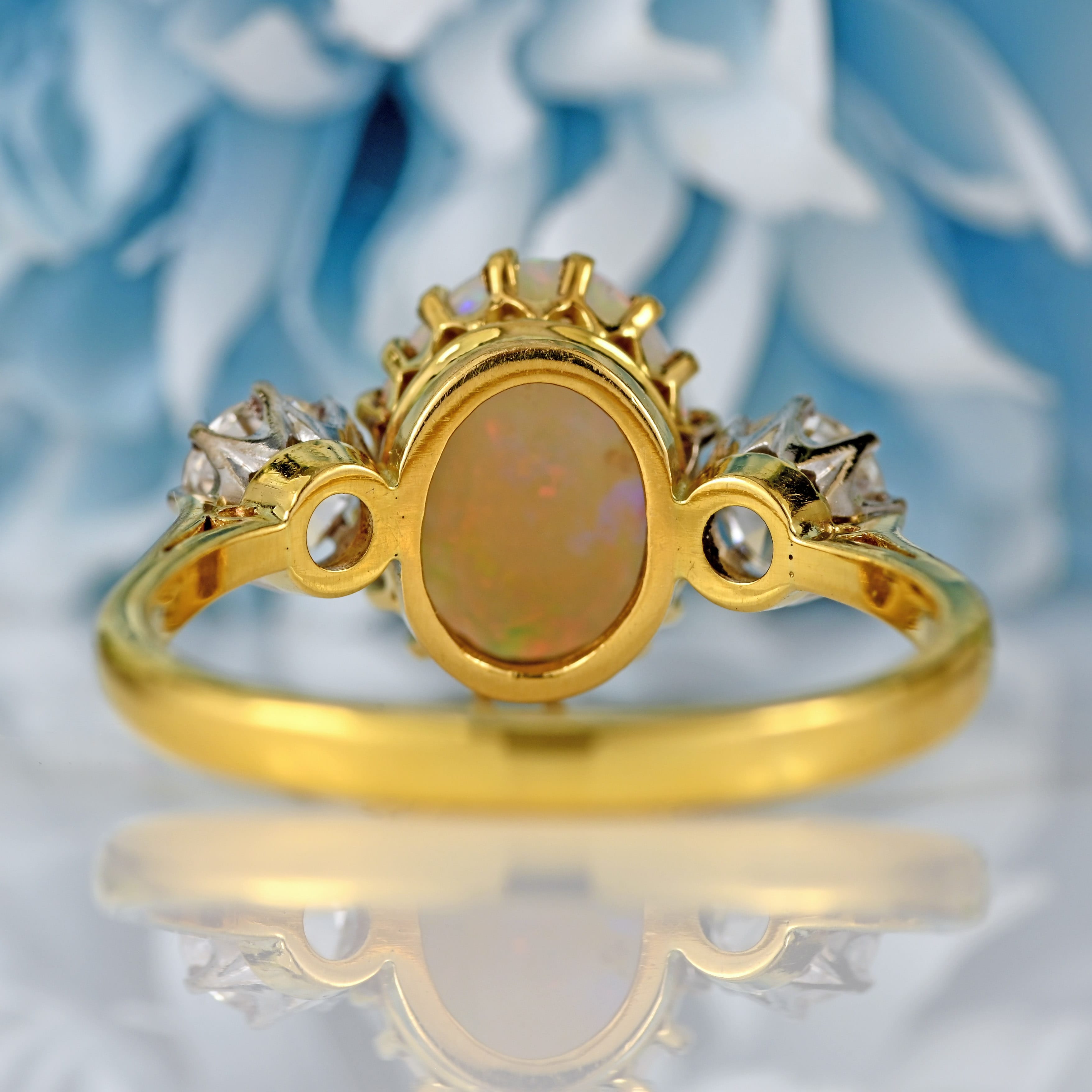Ellibelle Jewellery Vintage 1975 Opal & Diamond 18ct Gold Three-Stone Engagement Ring