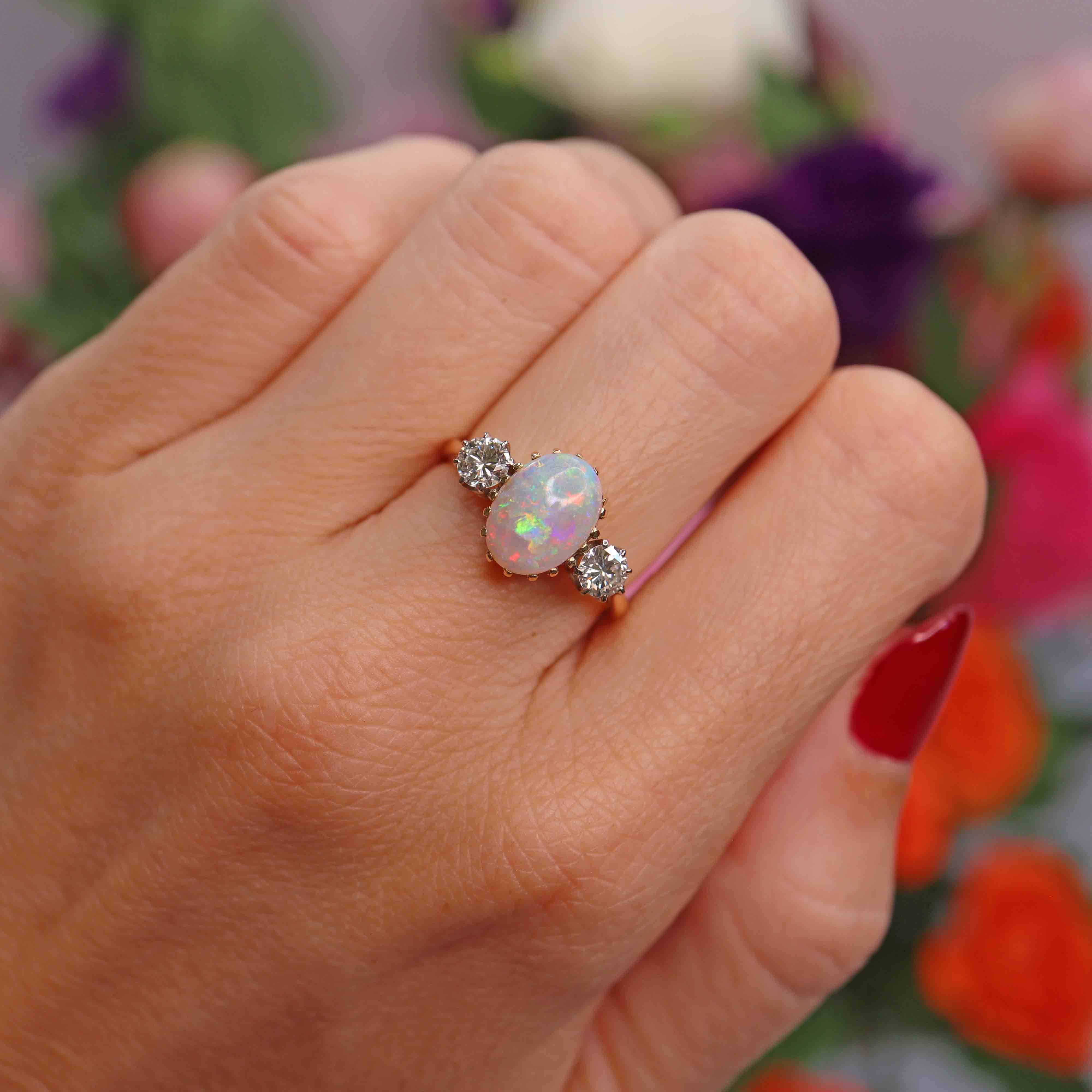 Ellibelle Jewellery Vintage 1975 Opal & Diamond 18ct Gold Three-Stone Engagement Ring