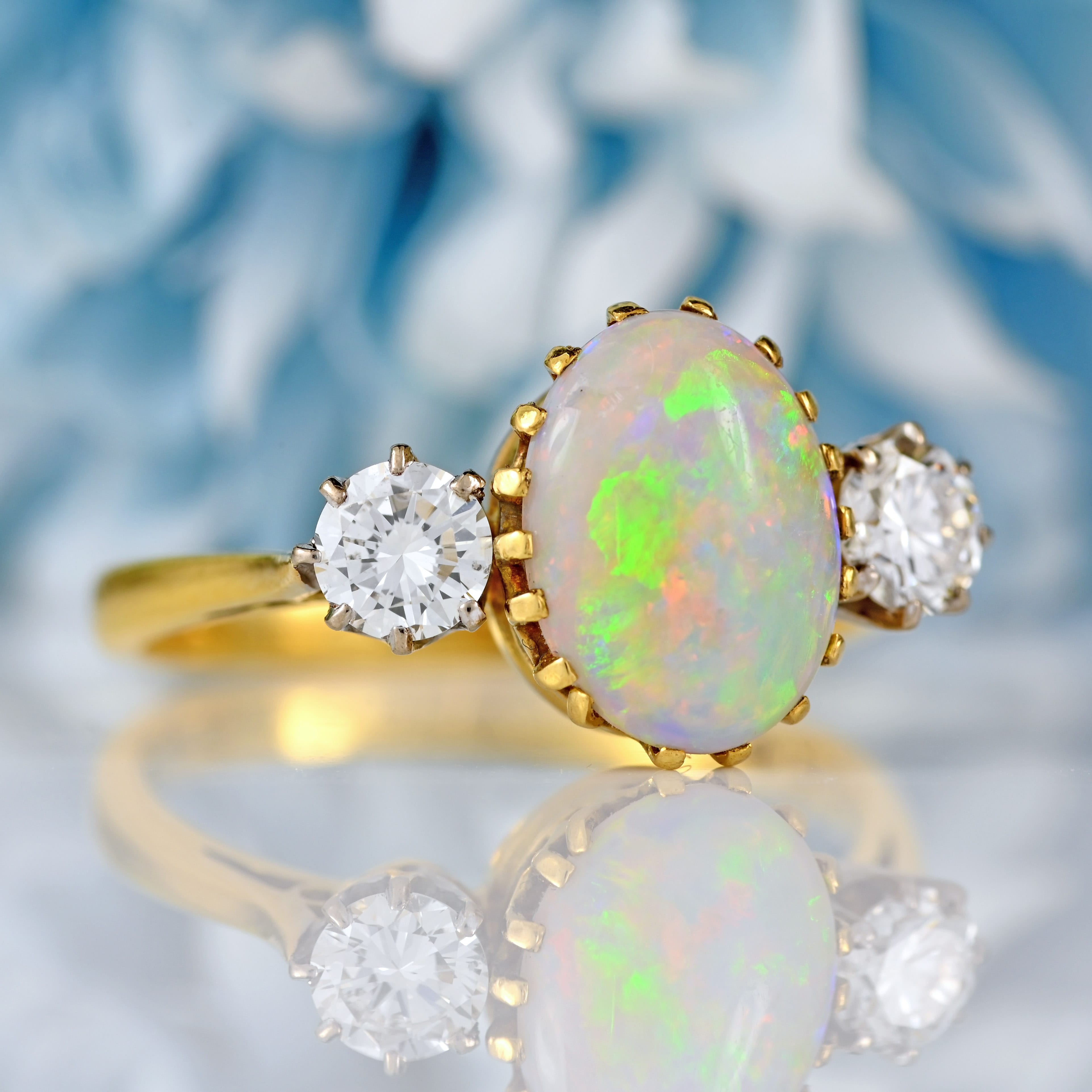 Ellibelle Jewellery Vintage 1975 Opal & Diamond 18ct Gold Three-Stone Engagement Ring
