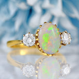 Ellibelle Jewellery Vintage 1975 Opal & Diamond 18ct Gold Three-Stone Engagement Ring
