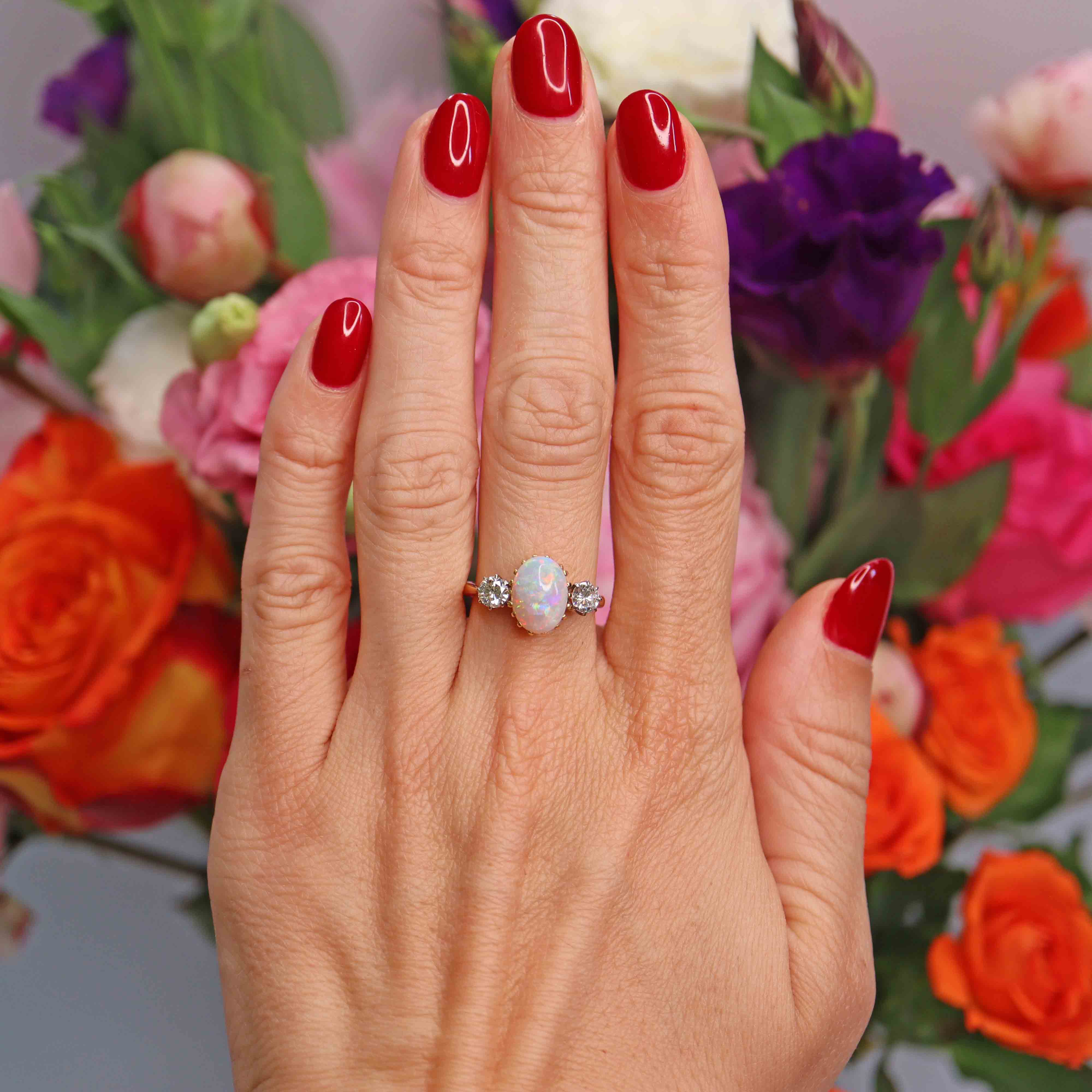 Ellibelle Jewellery Vintage 1975 Opal & Diamond 18ct Gold Three-Stone Engagement Ring