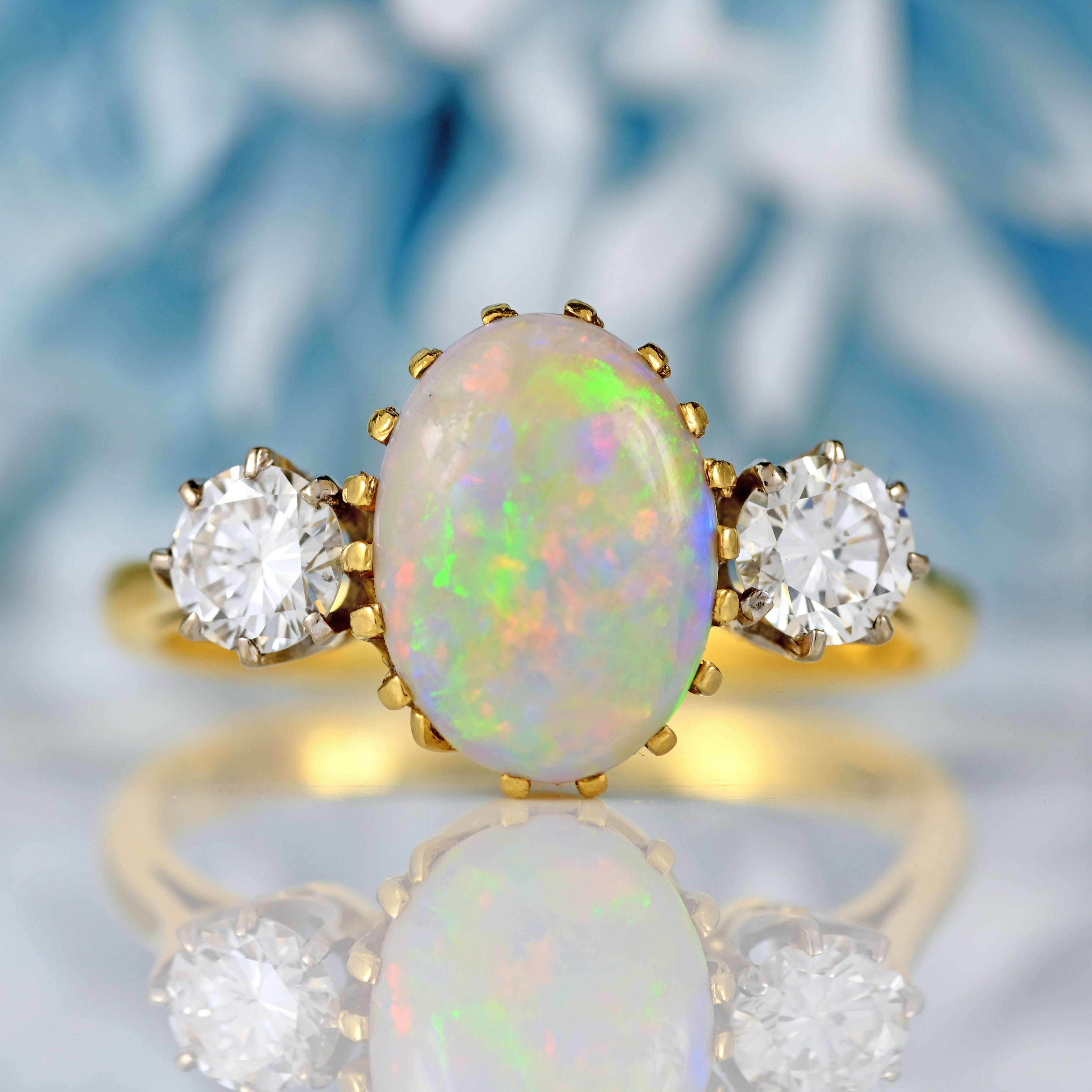 Ellibelle Jewellery Vintage 1975 Opal & Diamond 18ct Gold Three-Stone Engagement Ring