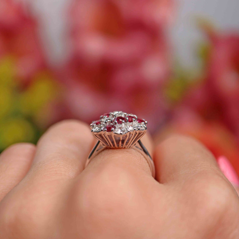Ellibelle Jewellery Vintage 1975 Ruby & Diamond 18ct White Gold Cluster Ring