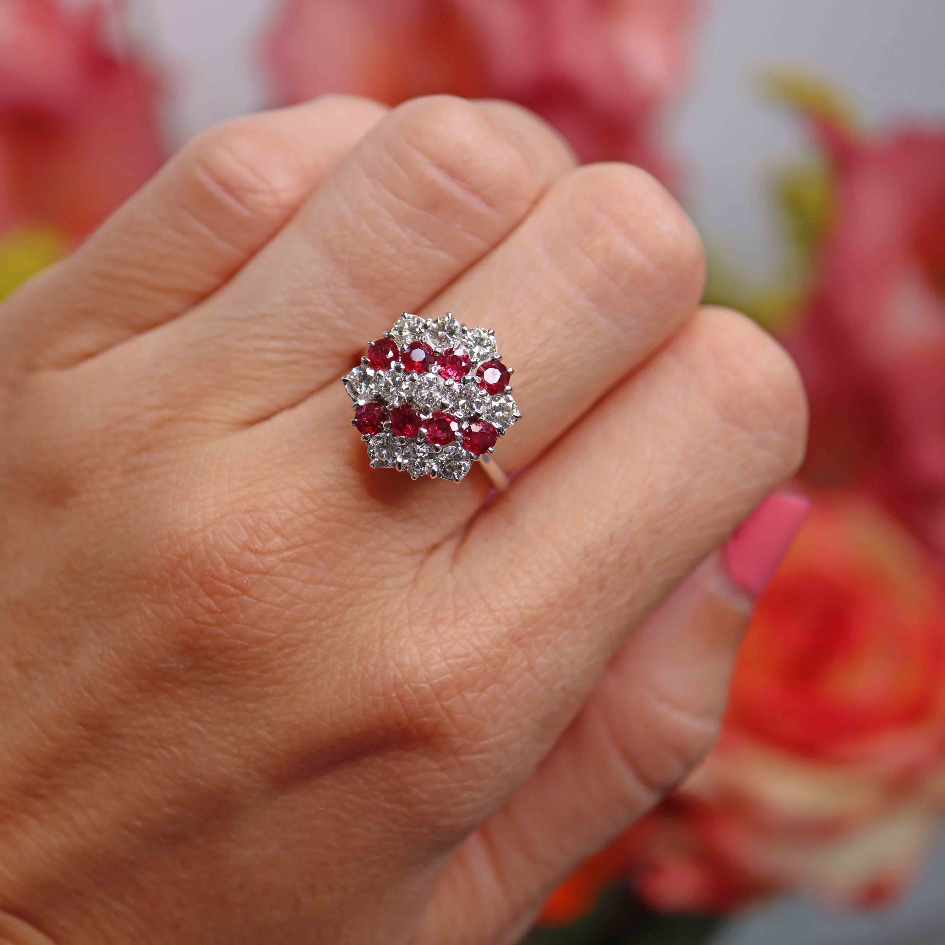 Ellibelle Jewellery Vintage 1975 Ruby & Diamond 18ct White Gold Cluster Ring