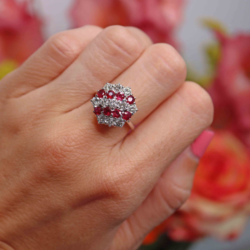 Ellibelle Jewellery Vintage 1975 Ruby & Diamond 18ct White Gold Cluster Ring