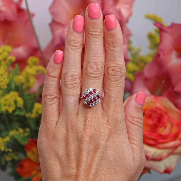 Ellibelle Jewellery Vintage 1975 Ruby & Diamond 18ct White Gold Cluster Ring