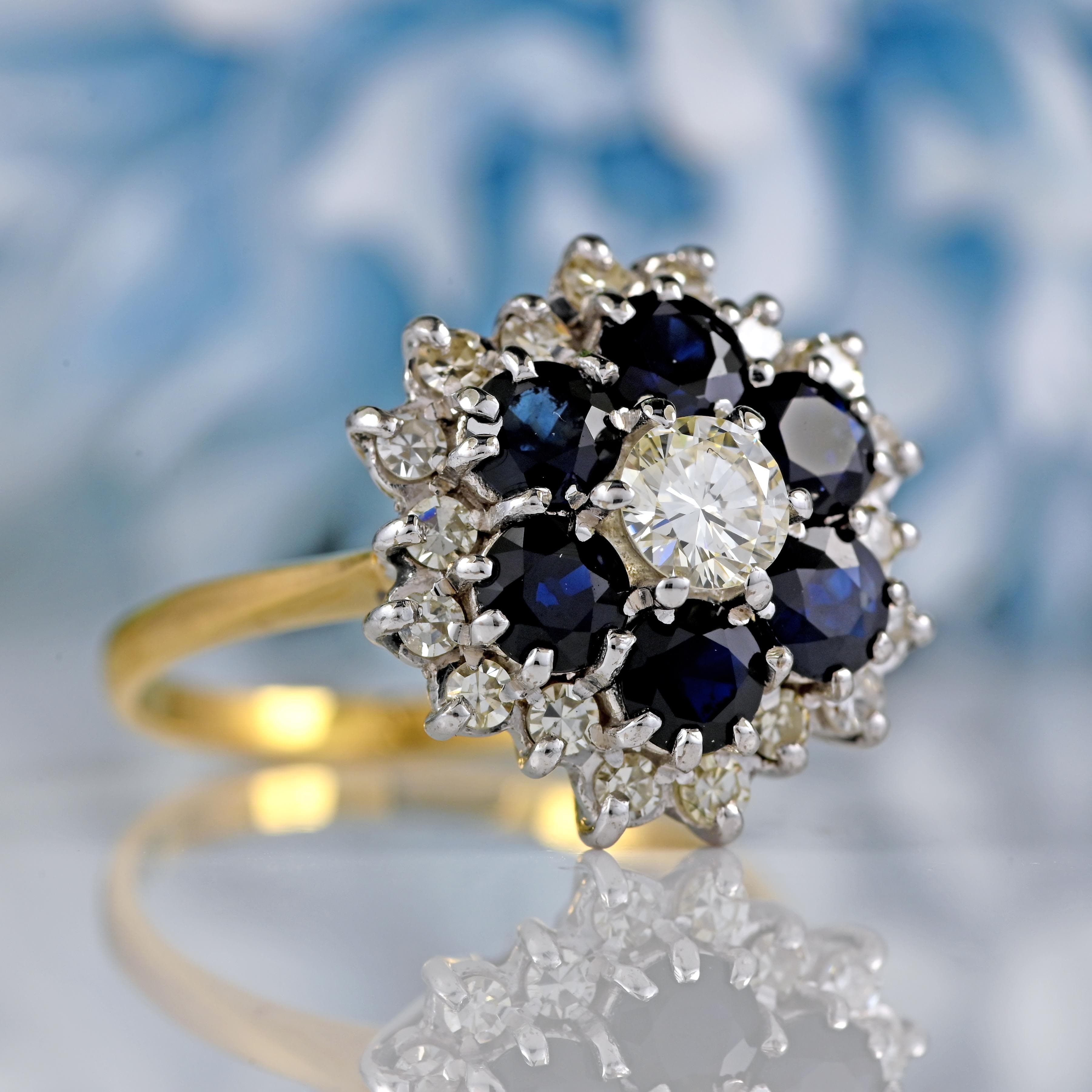 Ellibelle Jewellery Vintage 1975 Sapphire & Diamond 18ct Gold Cluster Ring