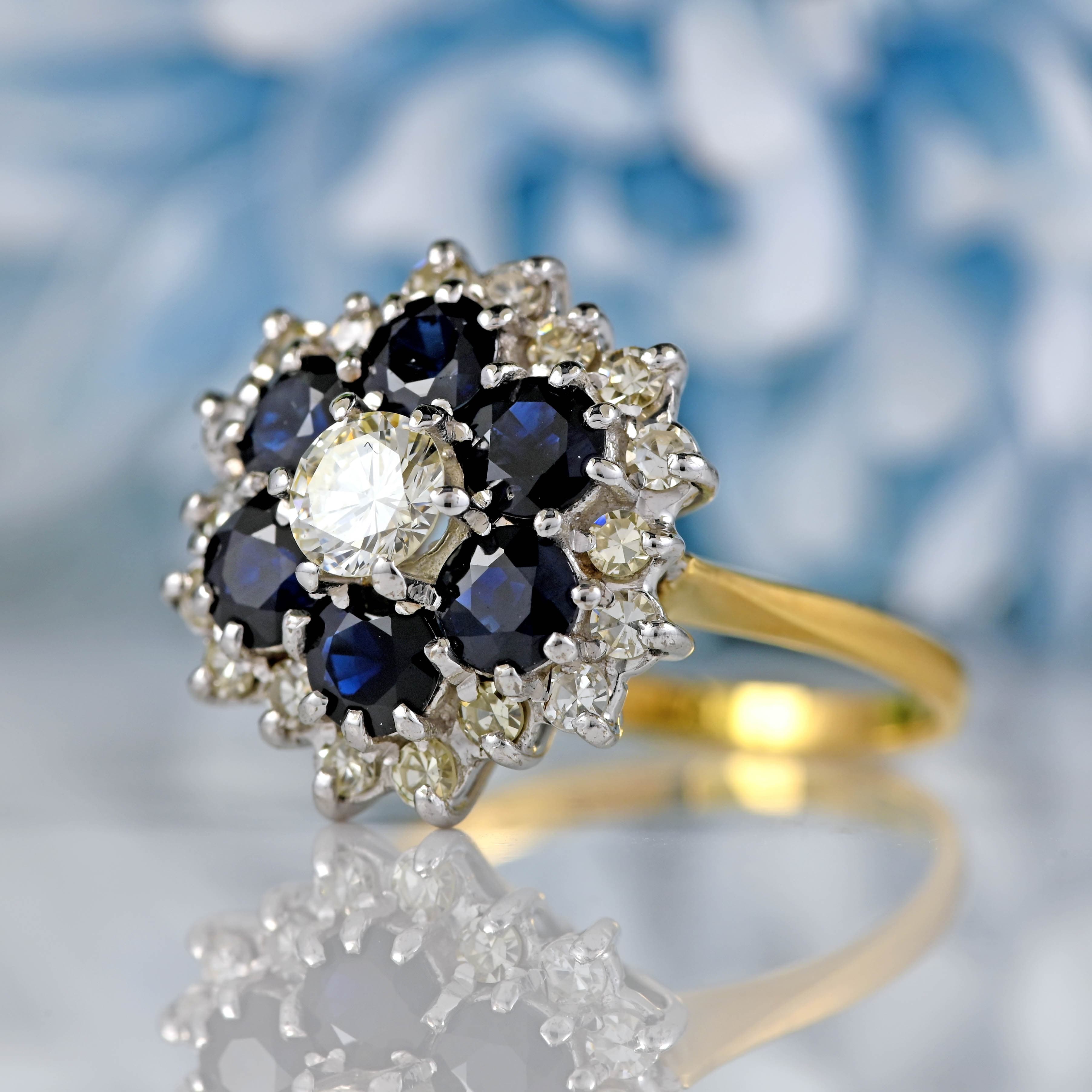 Ellibelle Jewellery Vintage 1975 Sapphire & Diamond 18ct Gold Cluster Ring