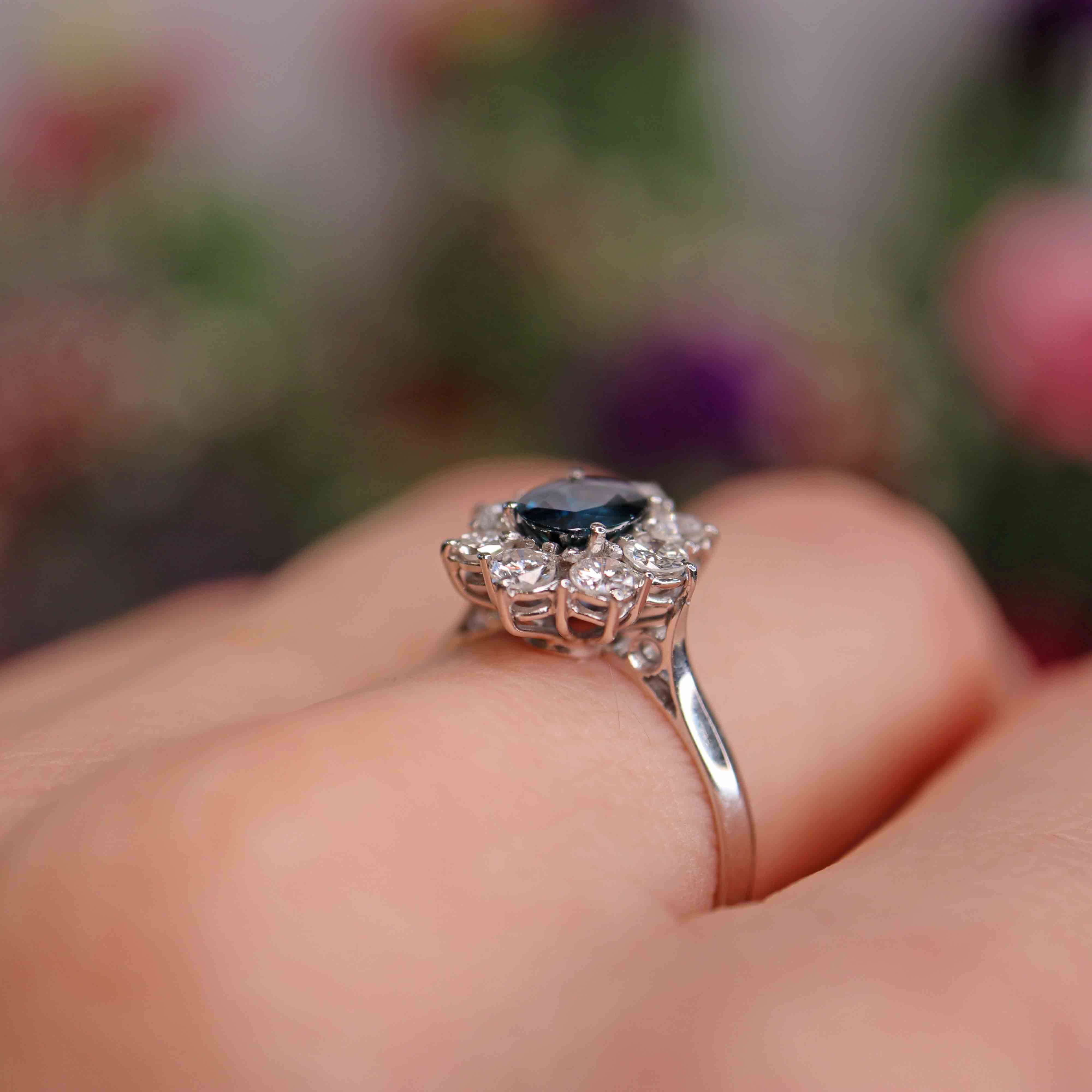 Ellibelle Jewellery Vintage 1975 Sapphire & Diamond 18ct White Gold Cluster Ring (0.80cts)