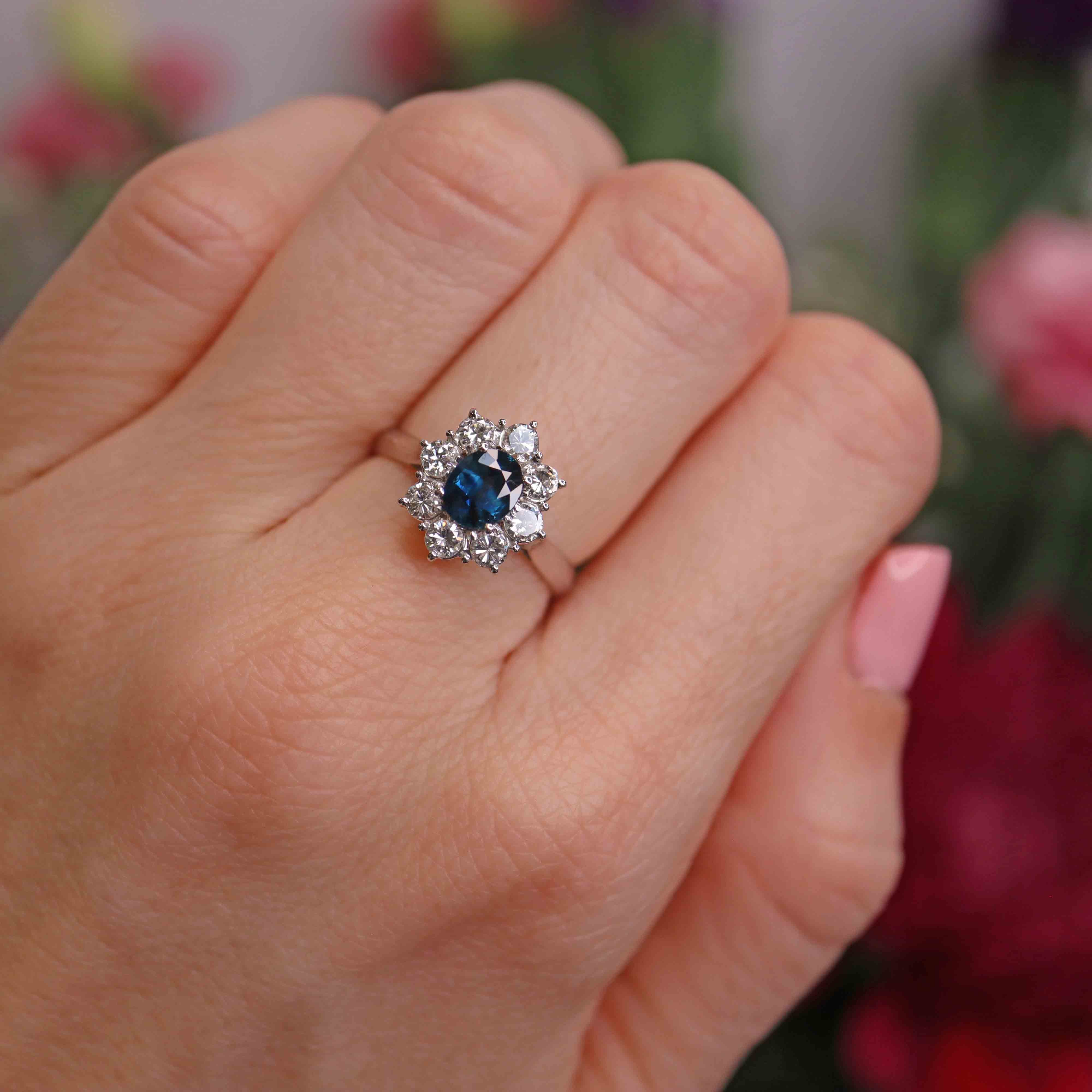 Ellibelle Jewellery Vintage 1975 Sapphire & Diamond 18ct White Gold Cluster Ring (0.80cts)