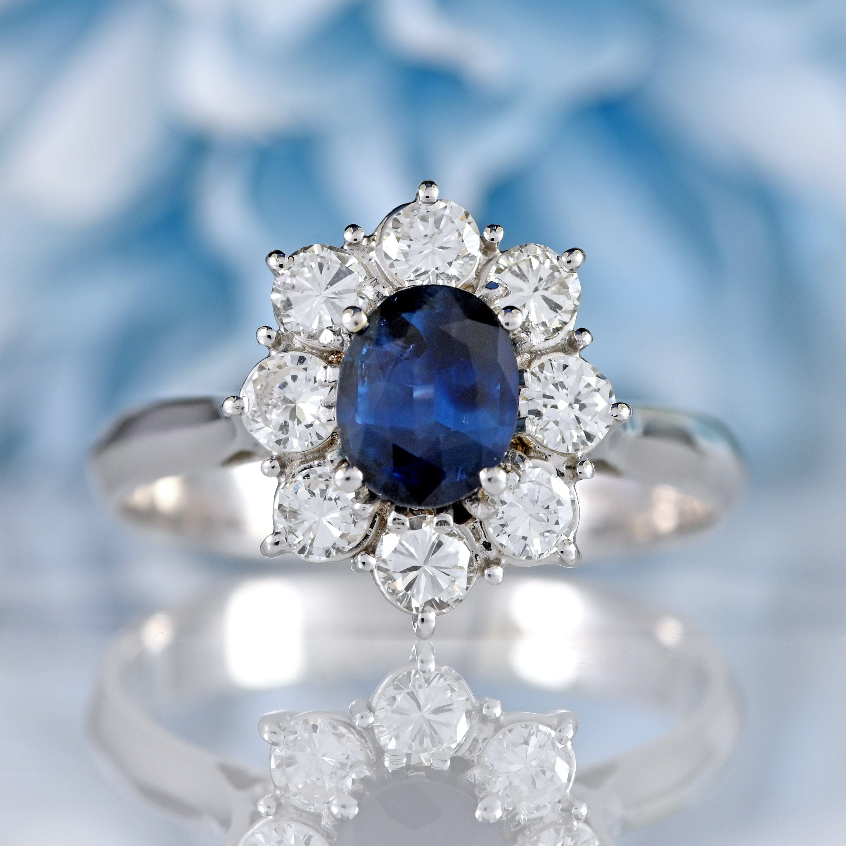 Ellibelle Jewellery Vintage 1975 Sapphire & Diamond 18ct White Gold Cluster Ring (0.80cts)