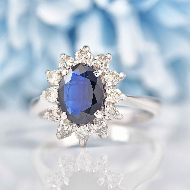 Ellibelle Jewellery Vintage 1975 Sapphire & Diamond 18ct White Gold Cluster Ring