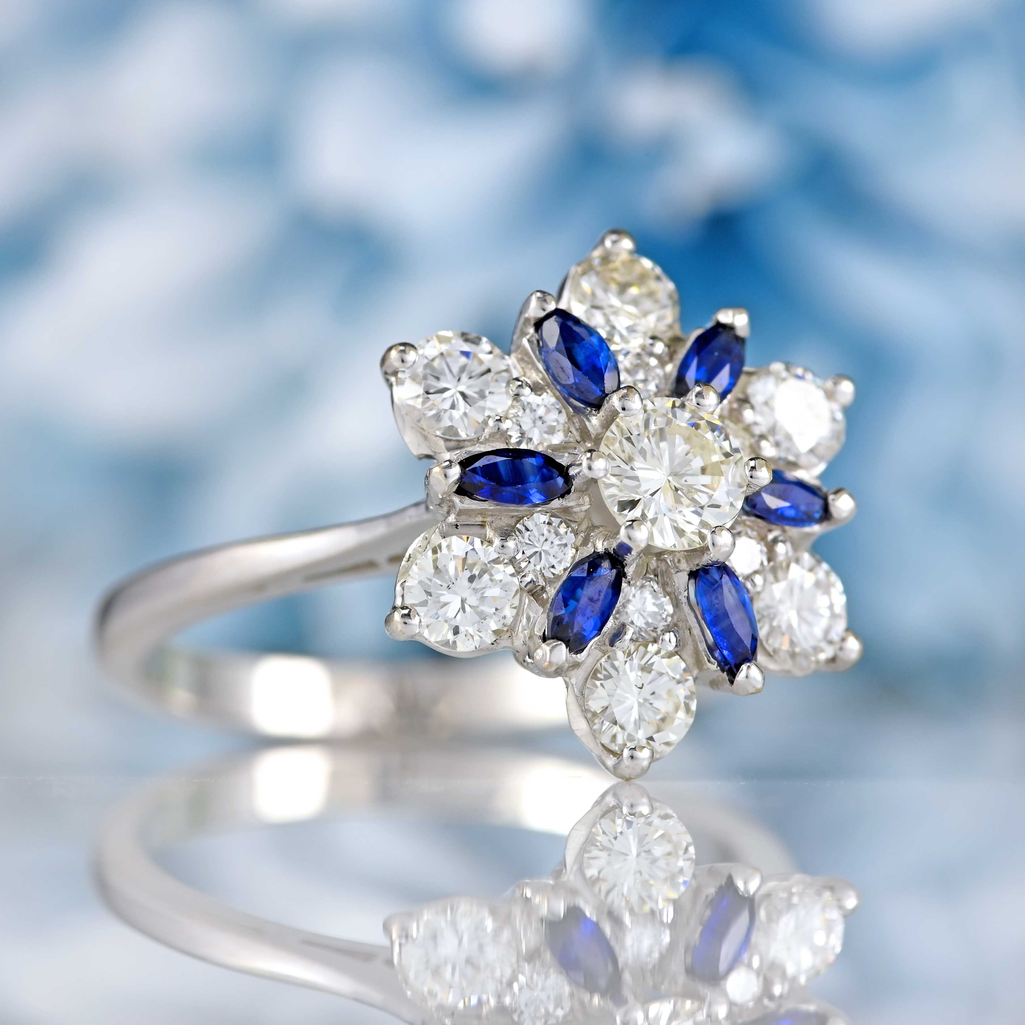 Ellibelle Jewellery Vintage 1975 Sapphire & Diamond 18ct White Gold Star-Shaped Cluster Ring