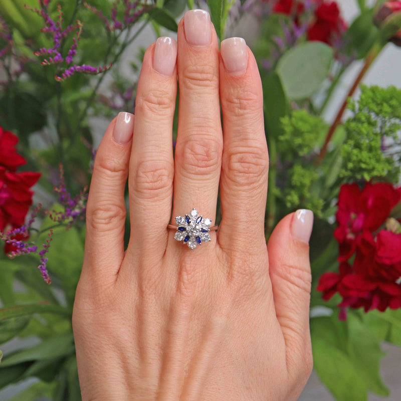 Ellibelle Jewellery Vintage 1975 Sapphire & Diamond 18ct White Gold Star-Shaped Cluster Ring