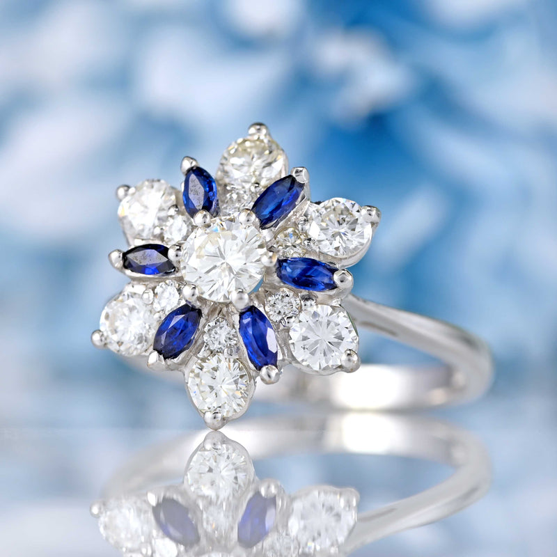 Ellibelle Jewellery Vintage 1975 Sapphire & Diamond 18ct White Gold Star-Shaped Cluster Ring