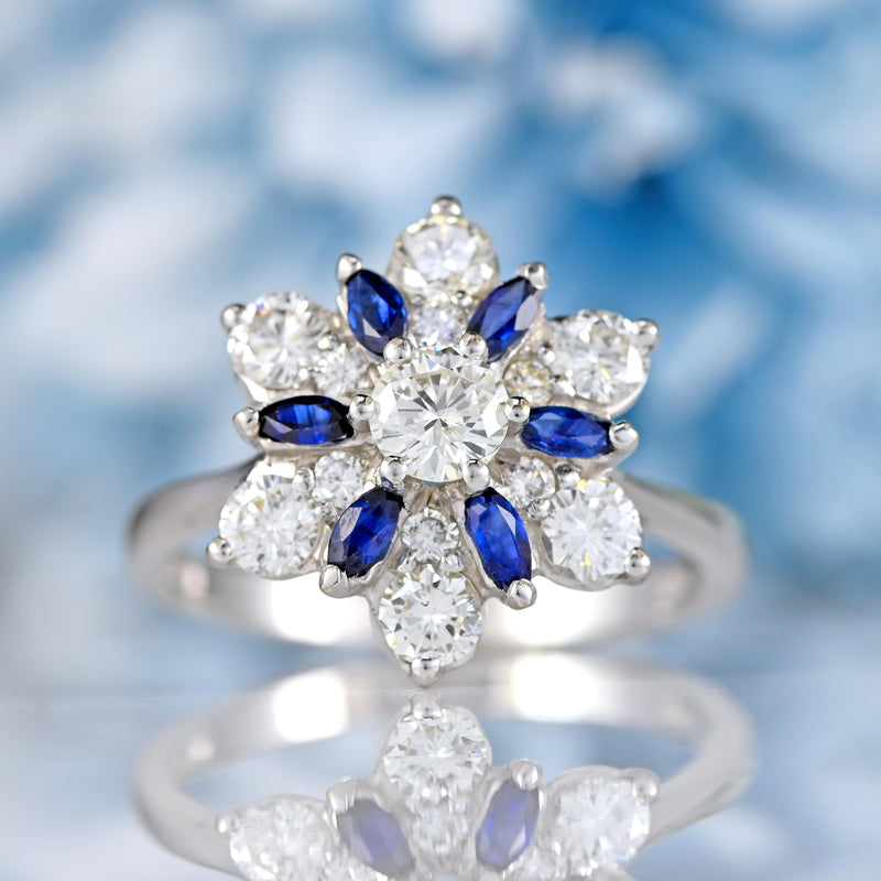 Ellibelle Jewellery Vintage 1975 Sapphire & Diamond 18ct White Gold Star-Shaped Cluster Ring