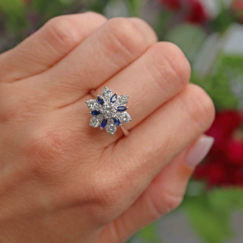 Ellibelle Jewellery Vintage 1975 Sapphire & Diamond 18ct White Gold Star-Shaped Cluster Ring