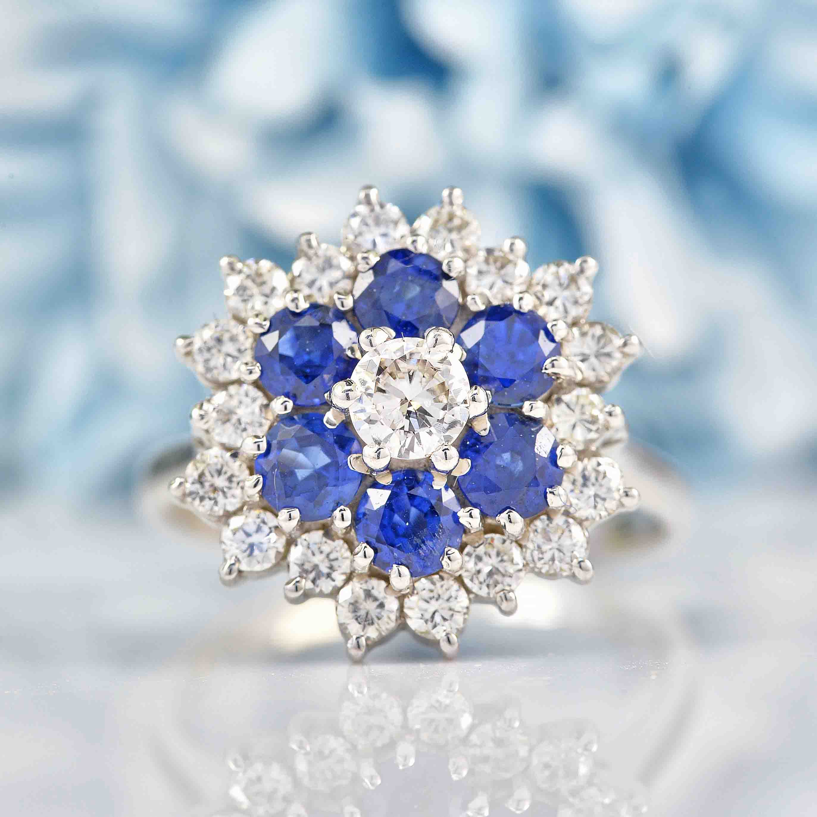 Ellibelle Jewellery Vintage 1975 Sapphire & Diamond White Gold Cluster Ring