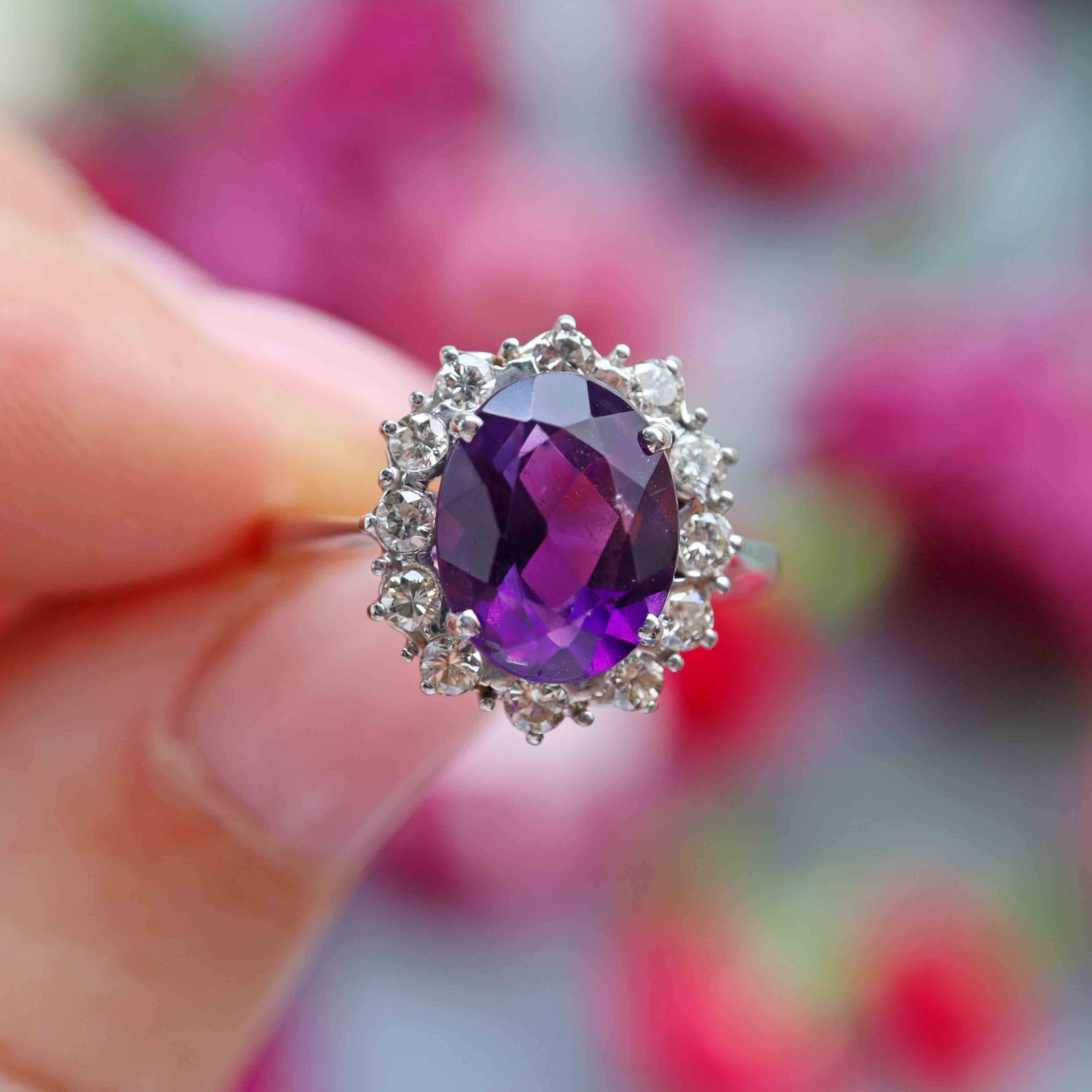 Ellibelle Jewellery Vintage 1976 Amethyst & Diamond 18ct White Gold Cluster Ring