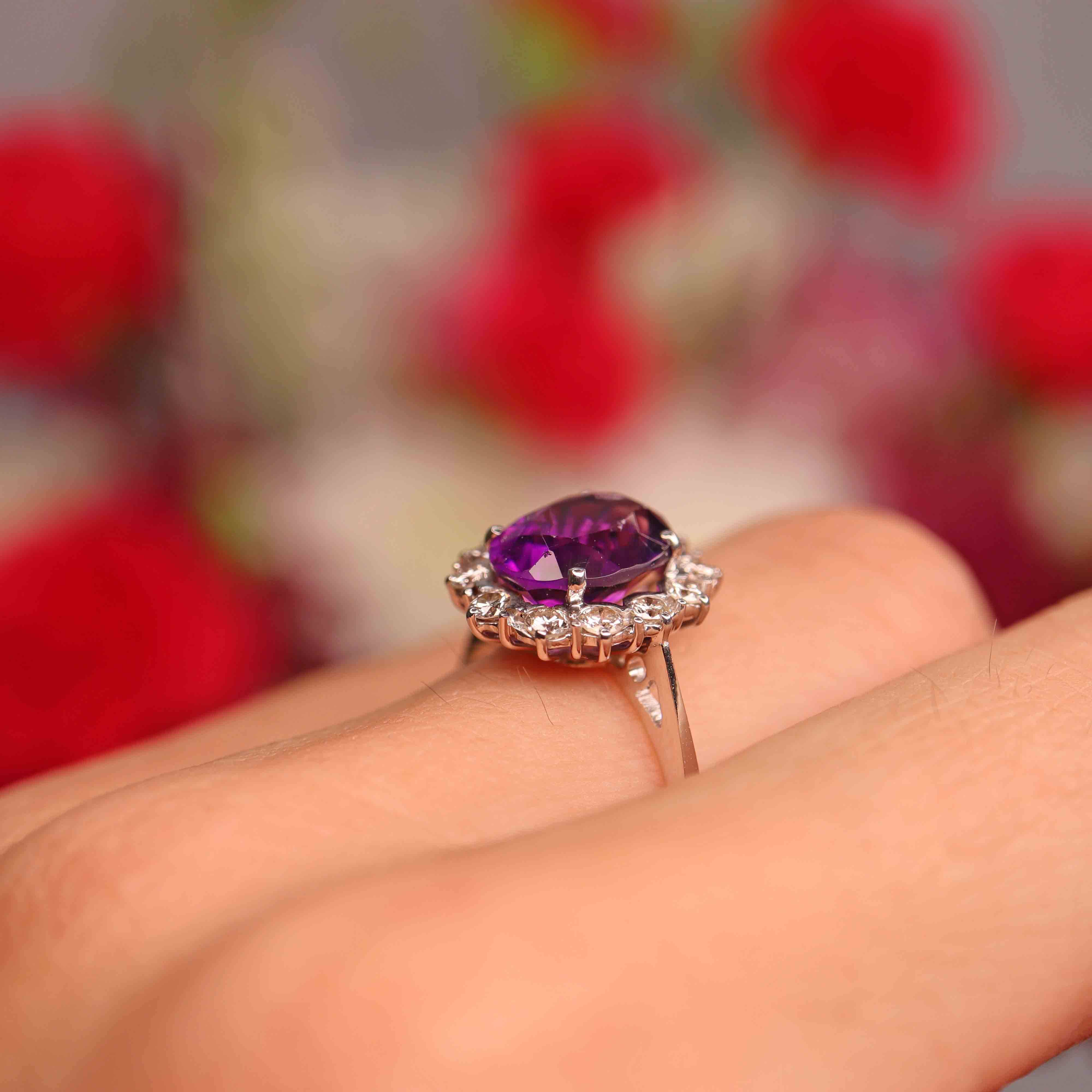 Ellibelle Jewellery Vintage 1976 Amethyst & Diamond 18ct White Gold Cluster Ring
