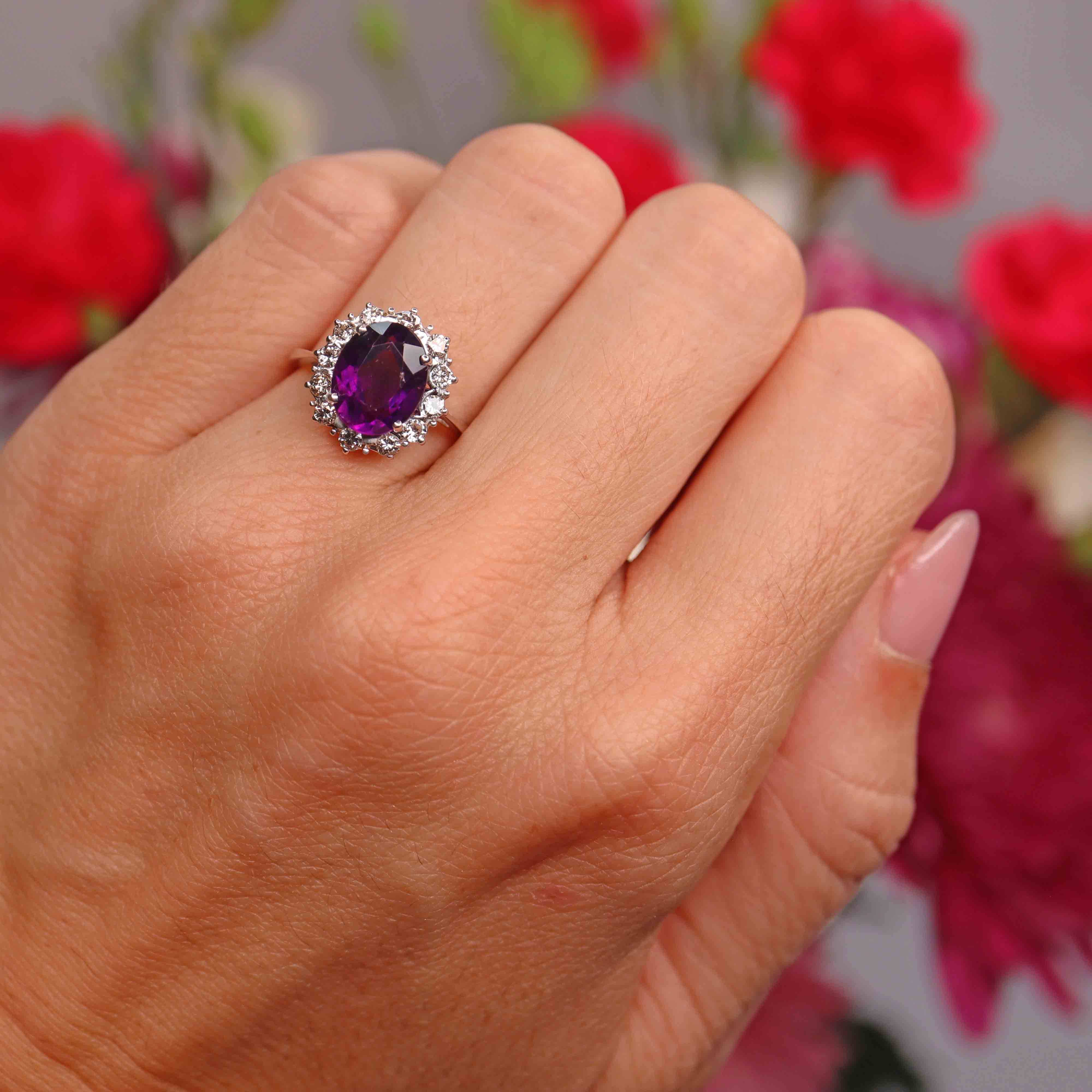 Ellibelle Jewellery Vintage 1976 Amethyst & Diamond 18ct White Gold Cluster Ring