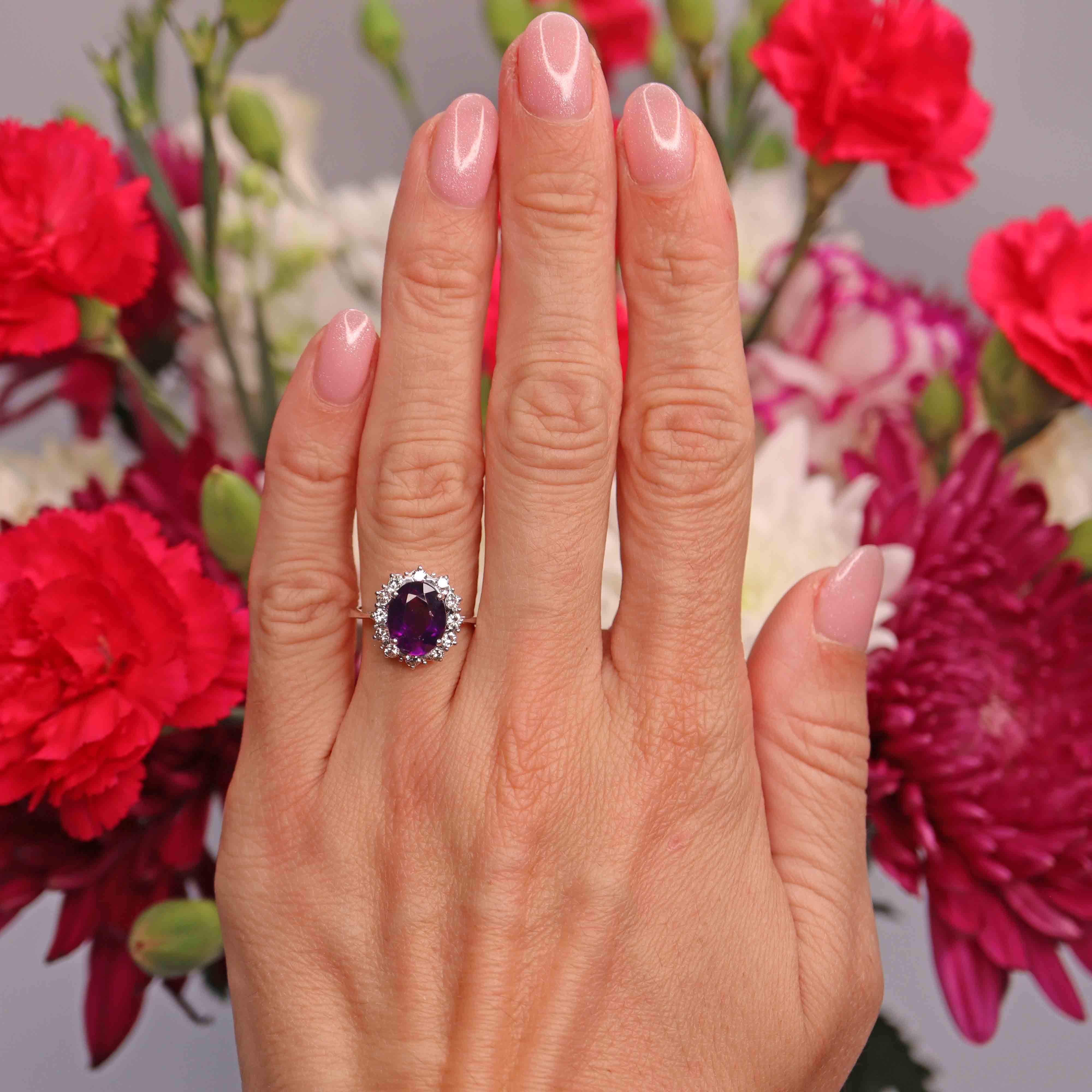 Ellibelle Jewellery Vintage 1976 Amethyst & Diamond 18ct White Gold Cluster Ring