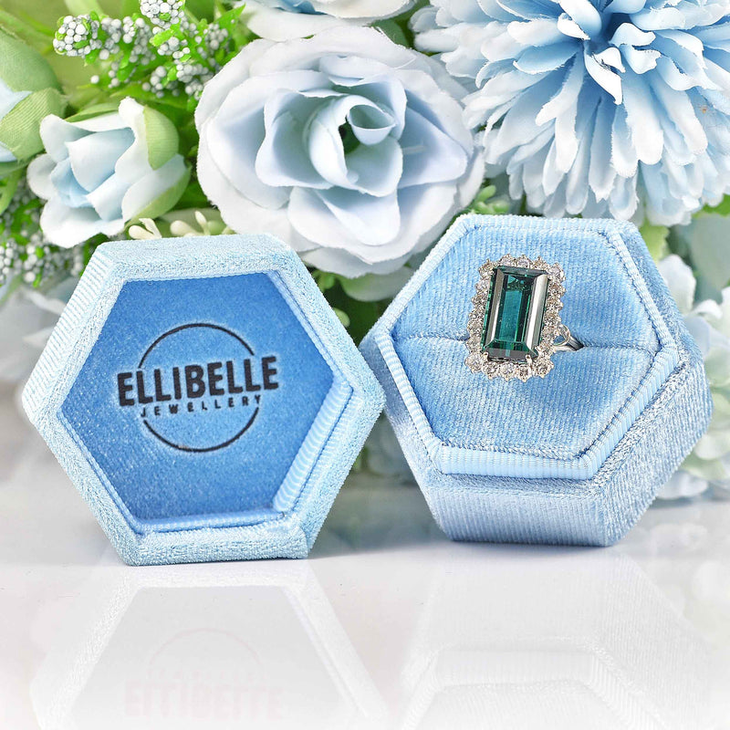 Ellibelle Jewellery Vintage 1976 Blue Tourmaline & Diamond White Gold Cluster Ring (7.40ct)
