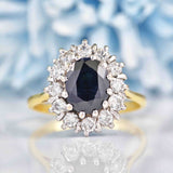 Ellibelle Jewellery Vintage 1976 Dark Sapphire & Diamond 18ct Gold Cluster Ring