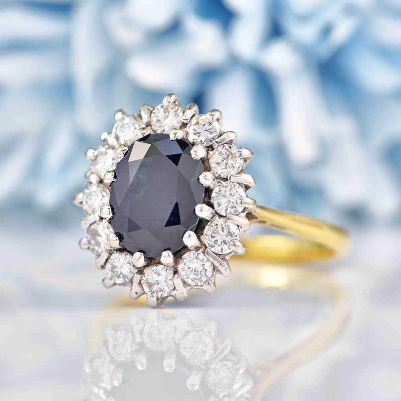 Ellibelle Jewellery Vintage 1976 Dark Sapphire & Diamond 18ct Gold Cluster Ring