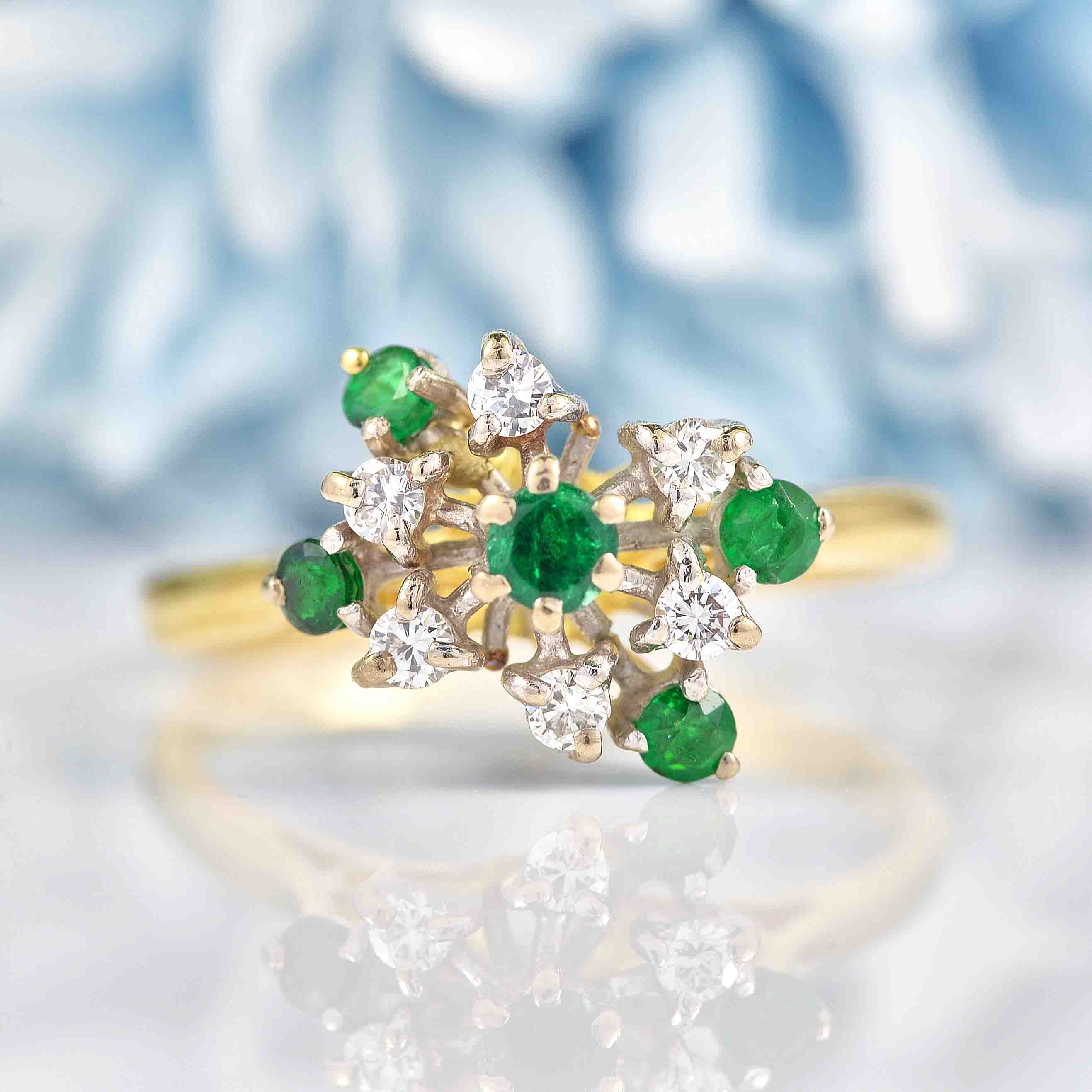 Ellibelle Jewellery Vintage 1976 Emerald & Diamond 18ct Gold Cocktail Ring