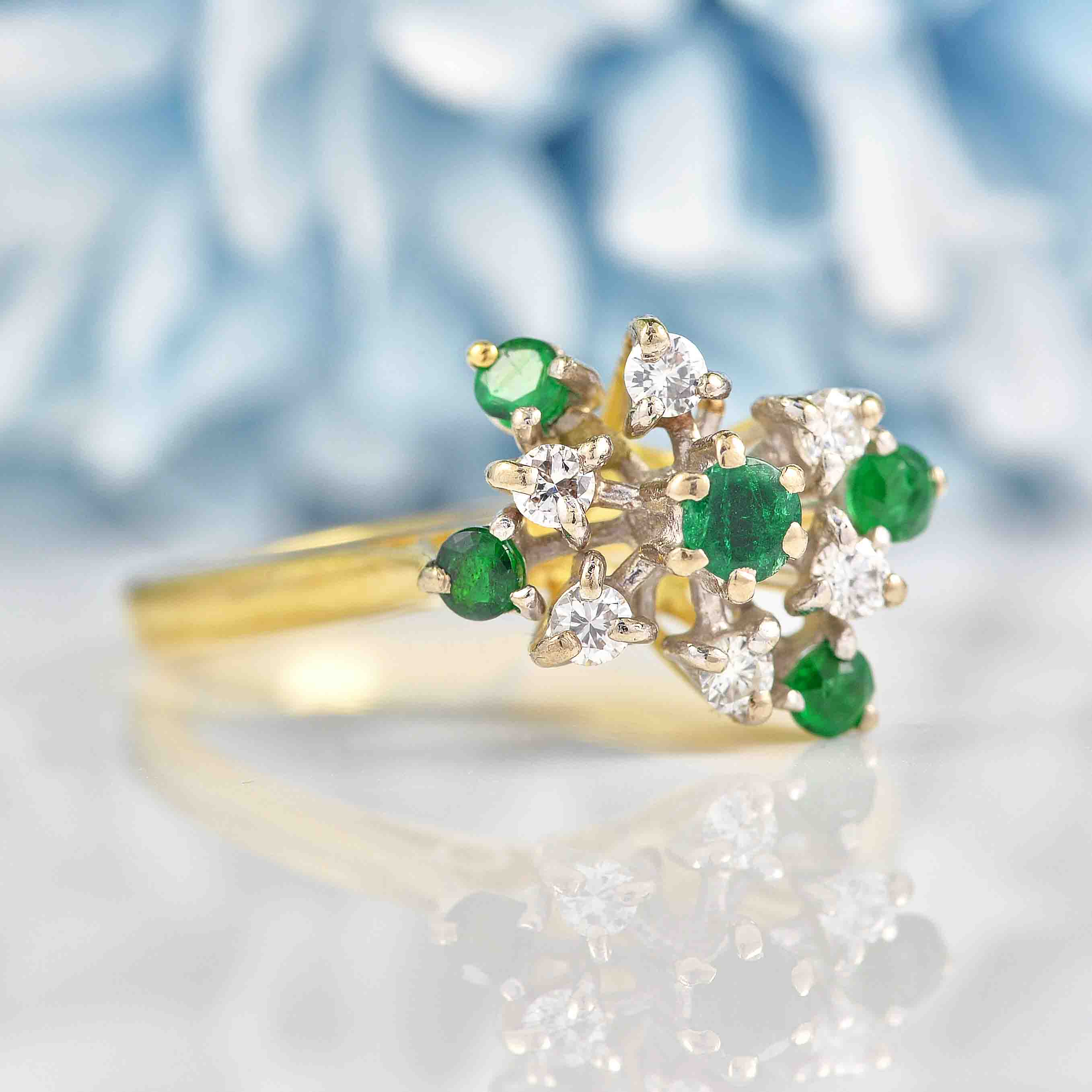 Ellibelle Jewellery Vintage 1976 Emerald & Diamond 18ct Gold Cocktail Ring