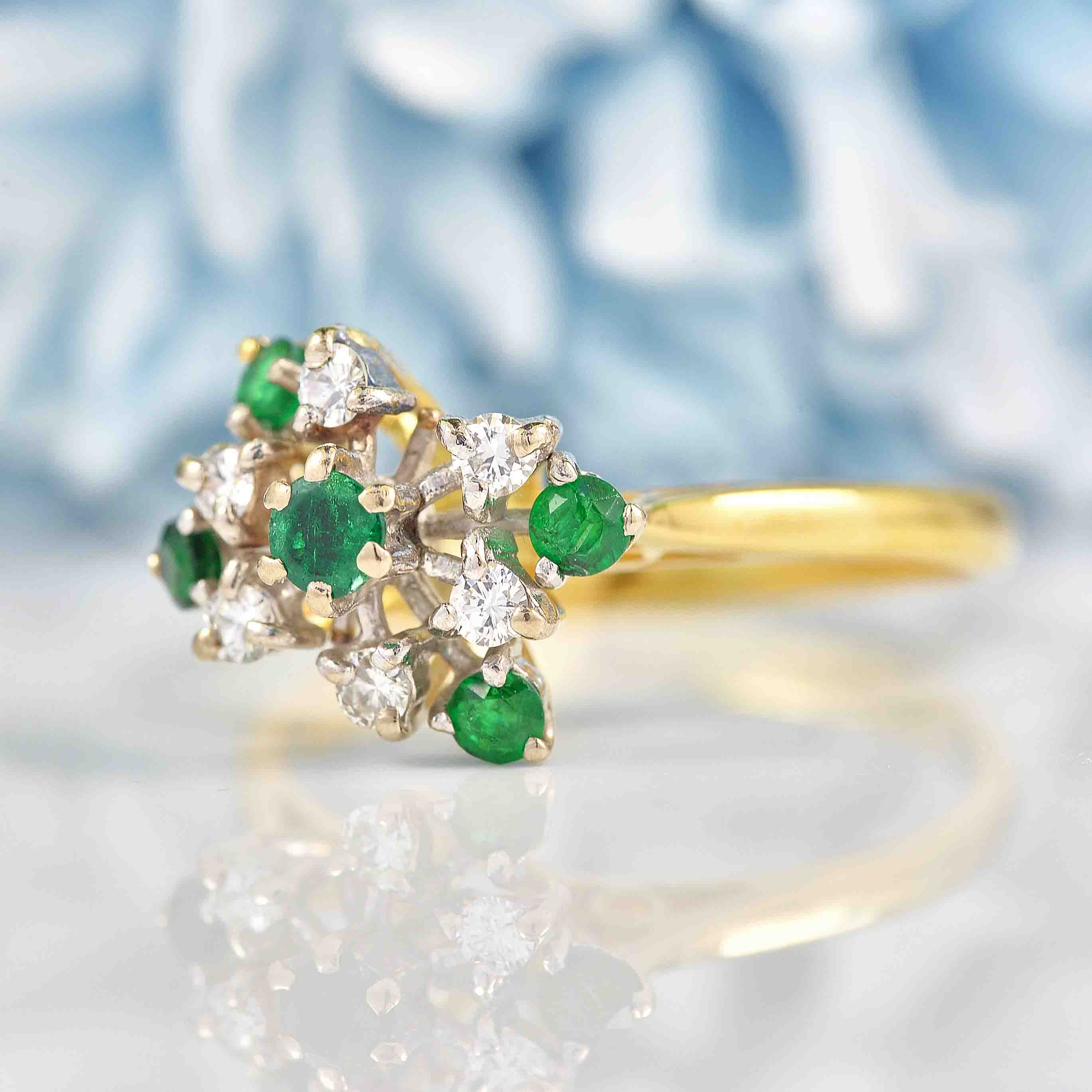 Ellibelle Jewellery Vintage 1976 Emerald & Diamond 18ct Gold Cocktail Ring