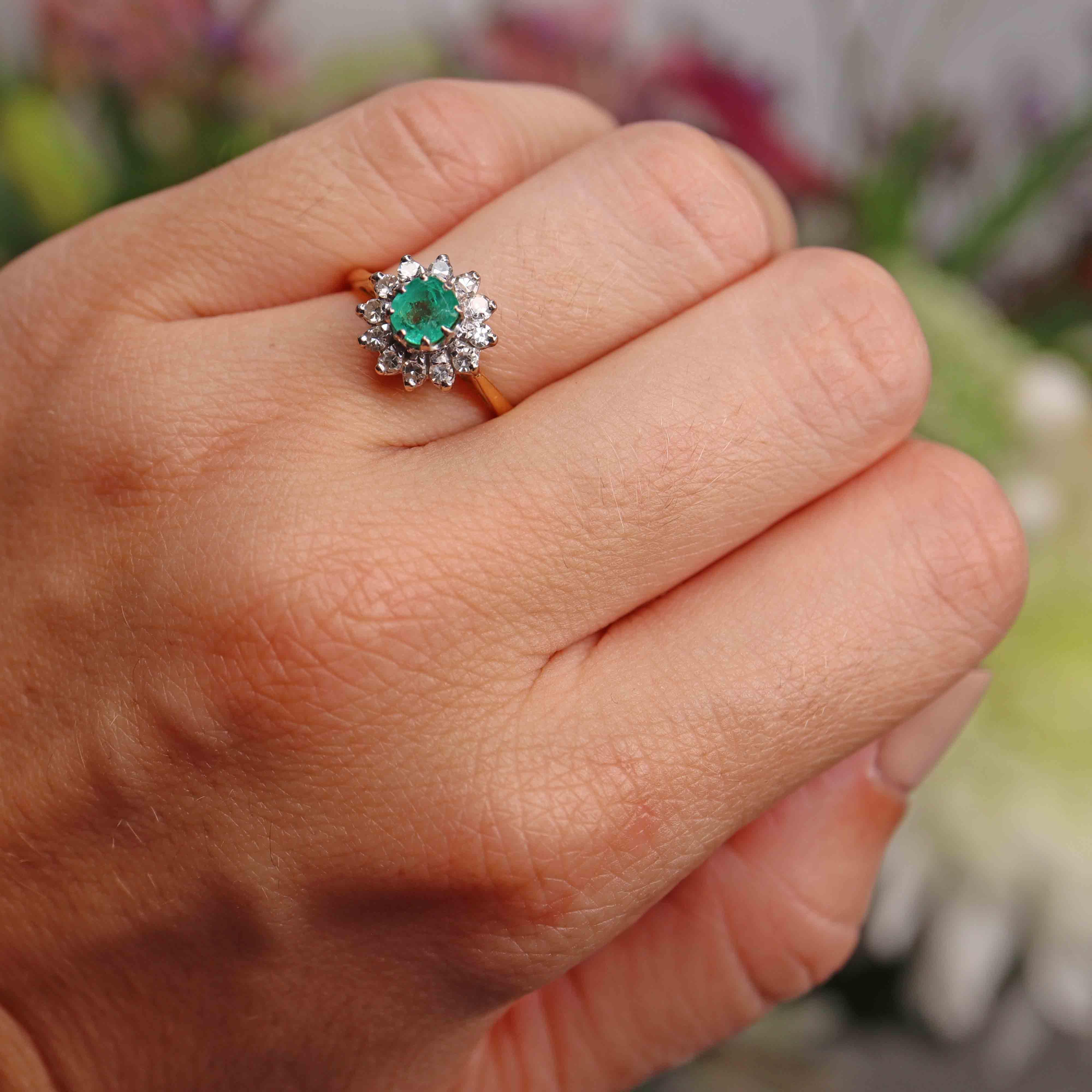 Ellibelle Jewellery Vintage 1976 Emerald & Diamond 18ct Gold Flower Cluster Ring