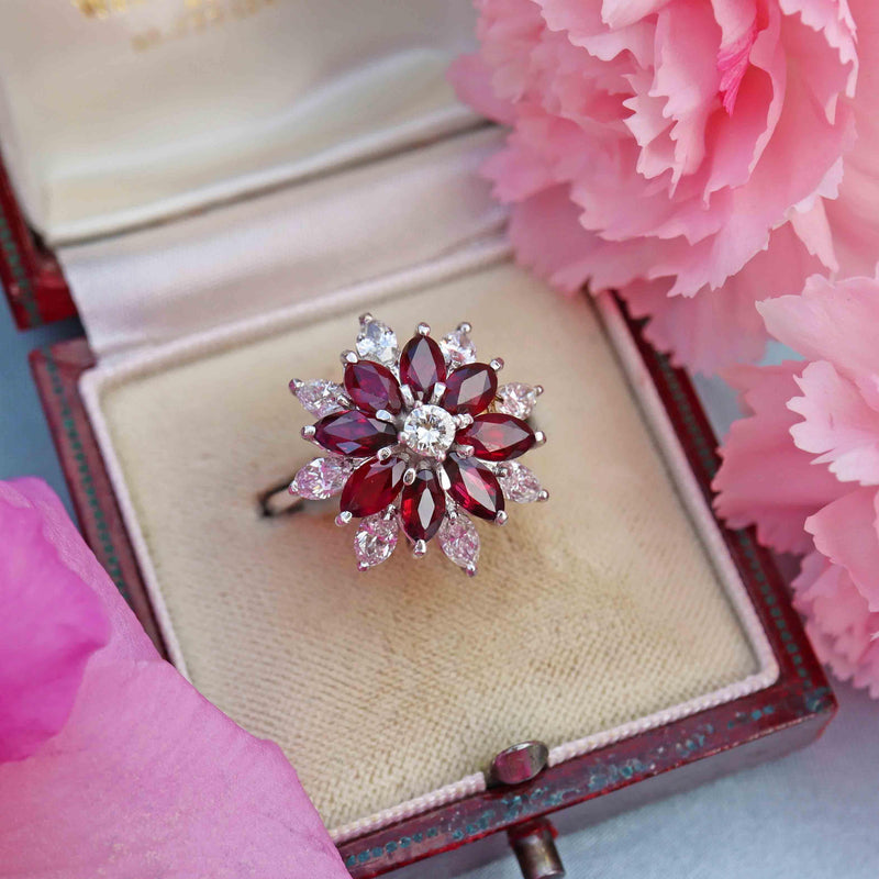 Ellibelle Jewellery Vintage 1976 Marquise Ruby & Diamond 18ct White Gold Cluster Ring